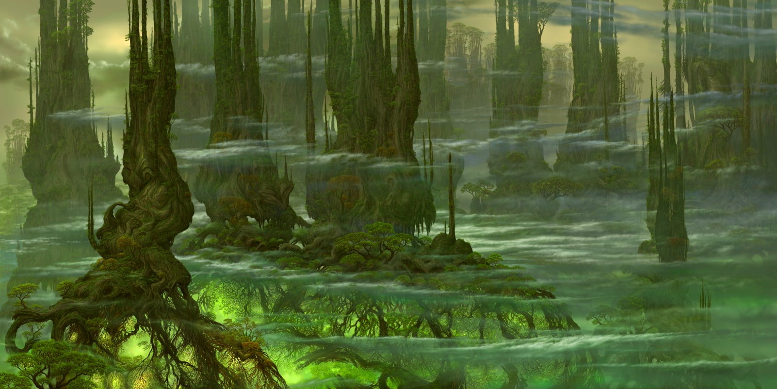 green, trunk, reflection, scenics - nature, fantasy art, artwork, sky, Nobody, tree trunk, green color, Kazumasa Uchio, day, growth, tranquil scene, lake, HD Wallpaper