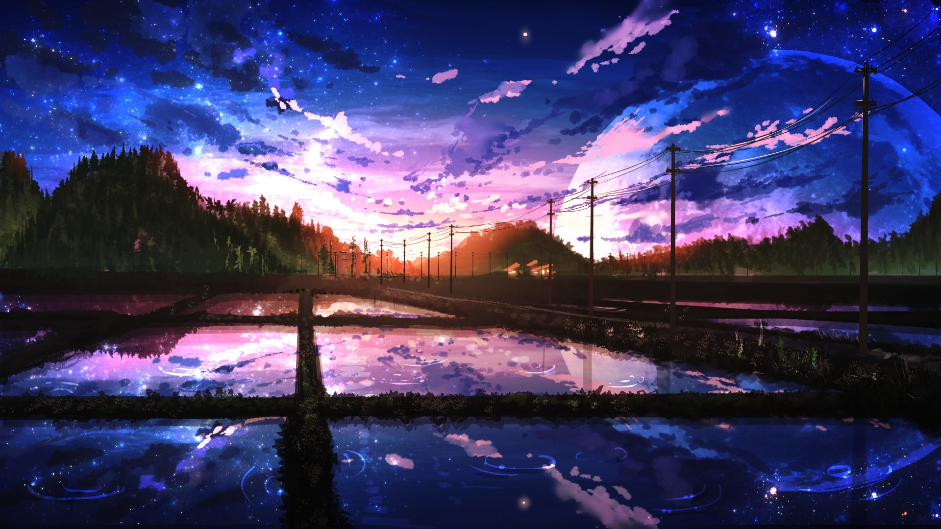building, digital art, Nobody, night, landscape, anime, sunset, Moon, reflection, 1080P, clouds, forest, water, trees, sunlight, HD Wallpaper