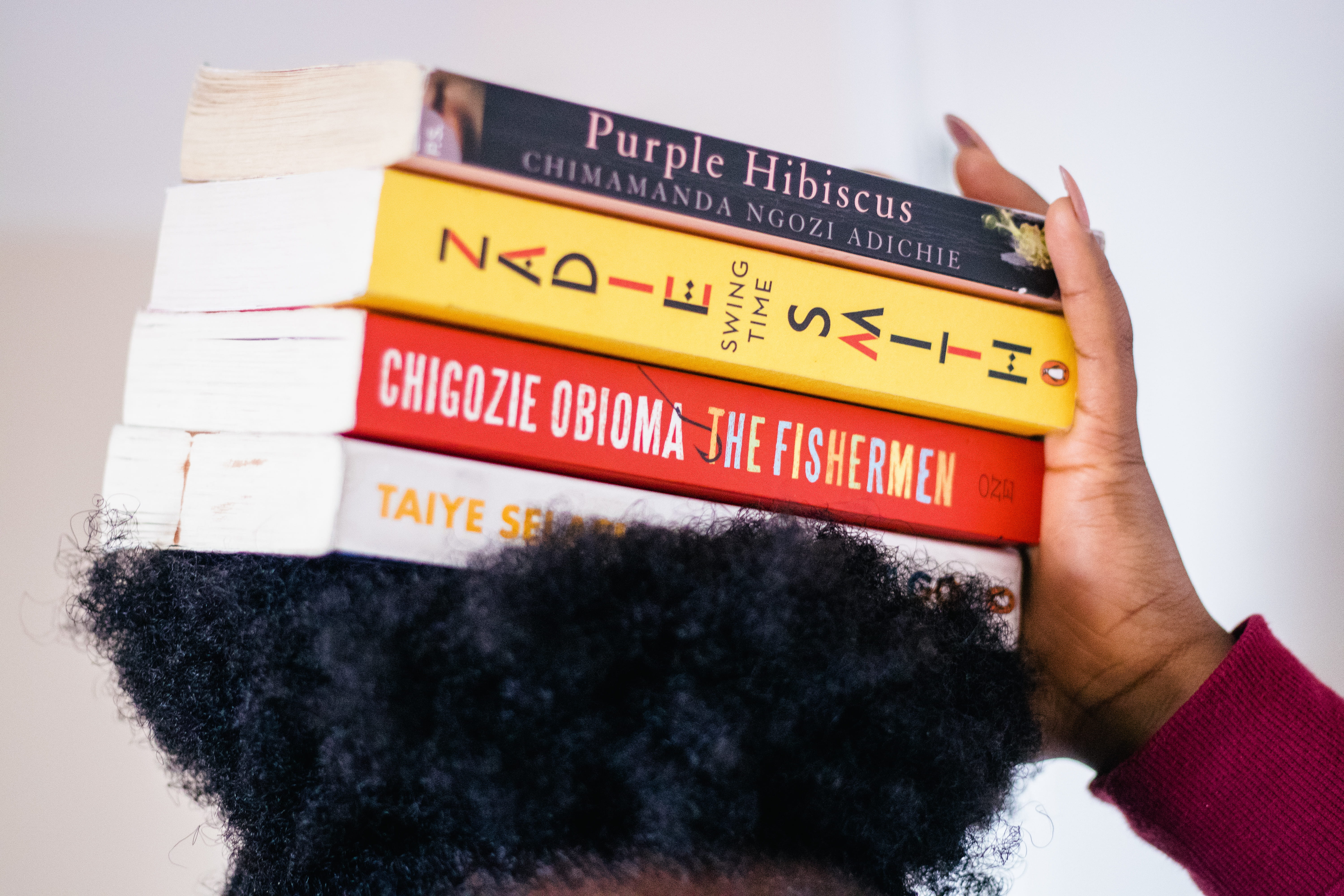 text, model, african fiction, 5K, book, style, african, fashion, pile, fiction, title, the fisherman, head, editorial, four, swing time, chigozie obioma, HD Wallpaper