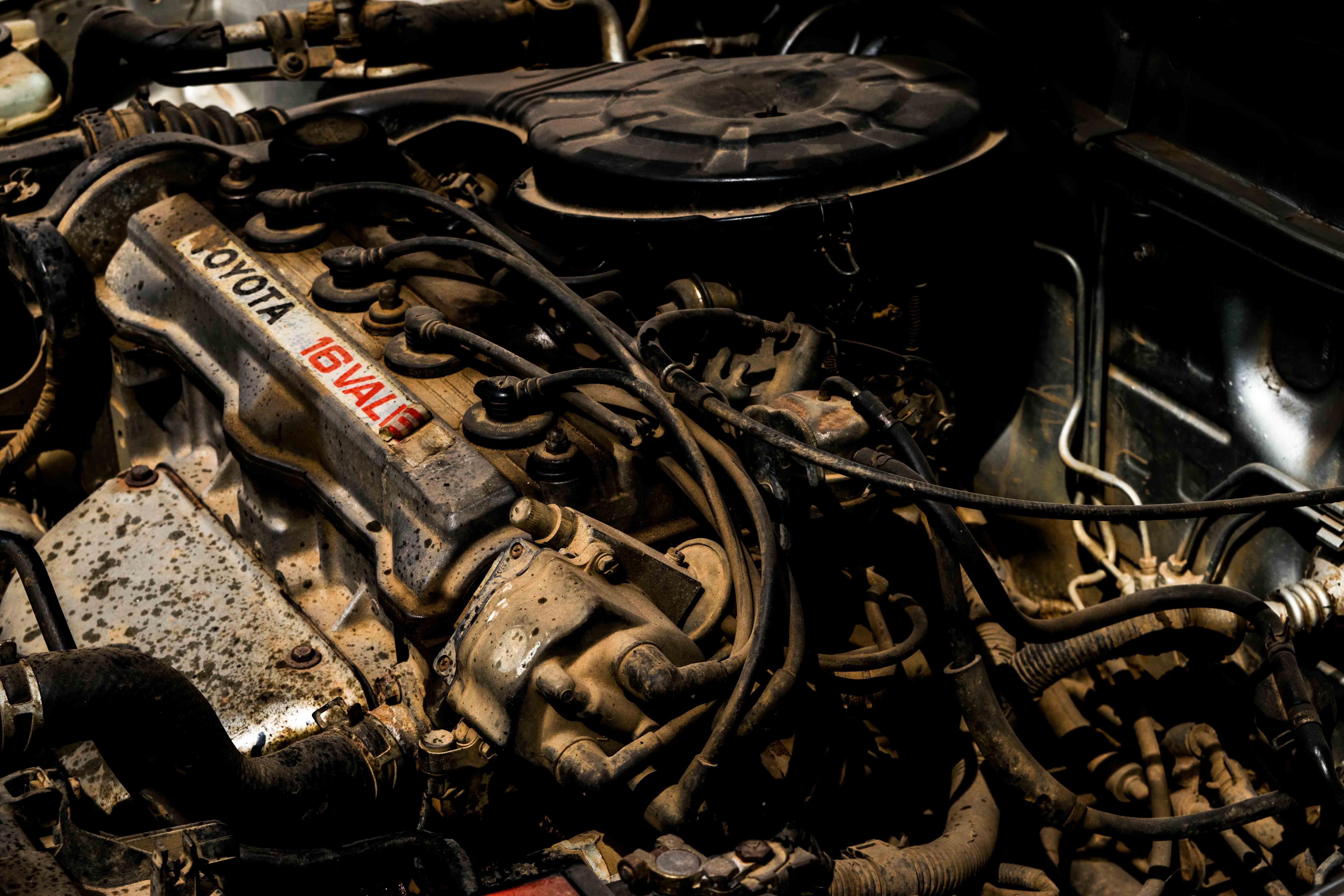 v8, toyota, wheel, bad condition, obsolete, metal, cars, close-up, garage, damaged, deterioration, 18valve, v6, brown, old, land vehicle, indoors, 5K, HD Wallpaper