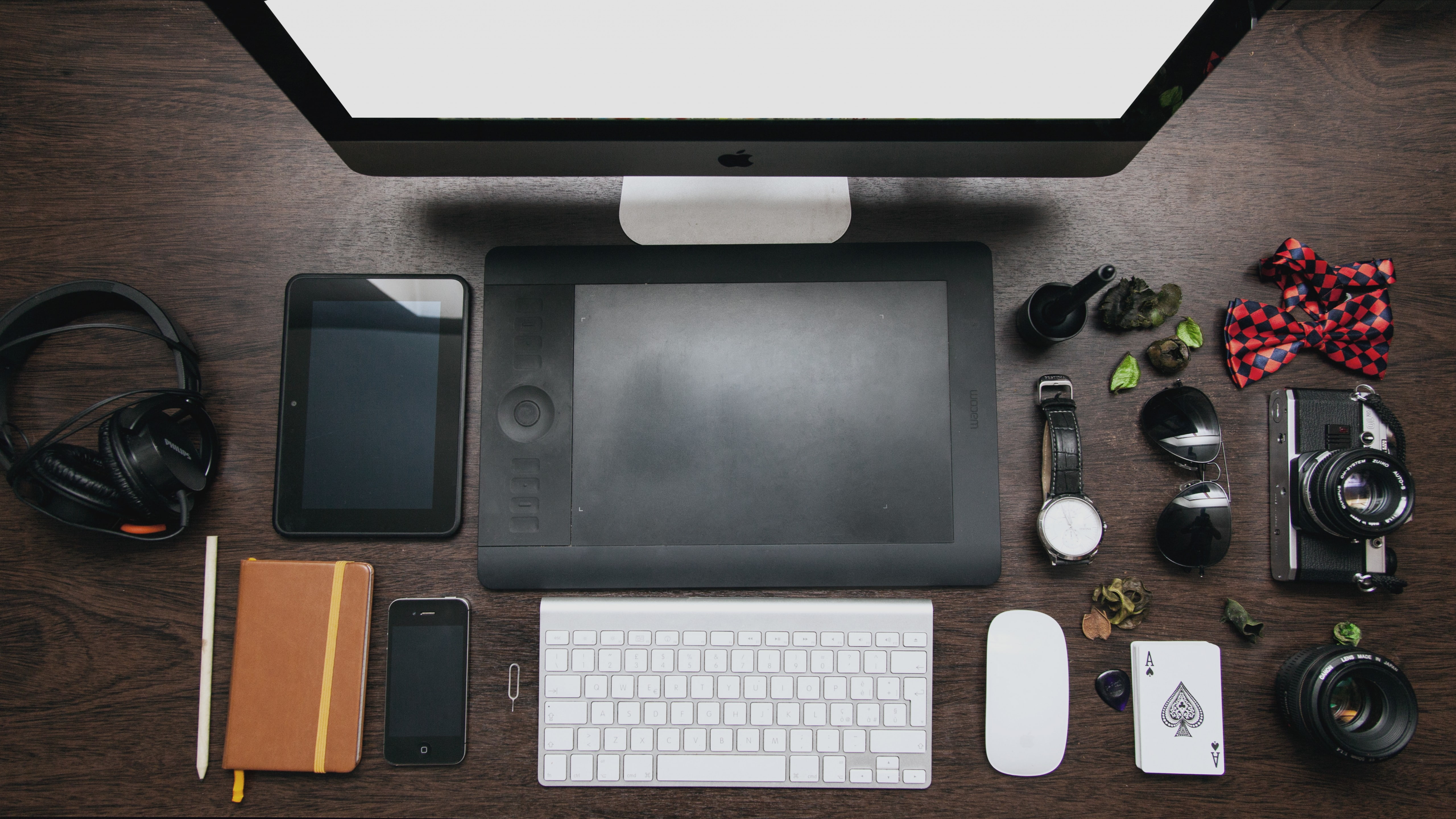 Wacom, desk, devices, iMac, Apple keyboard, Apple mouse, assorted, cordless, 5K, borwn, HD Wallpaper