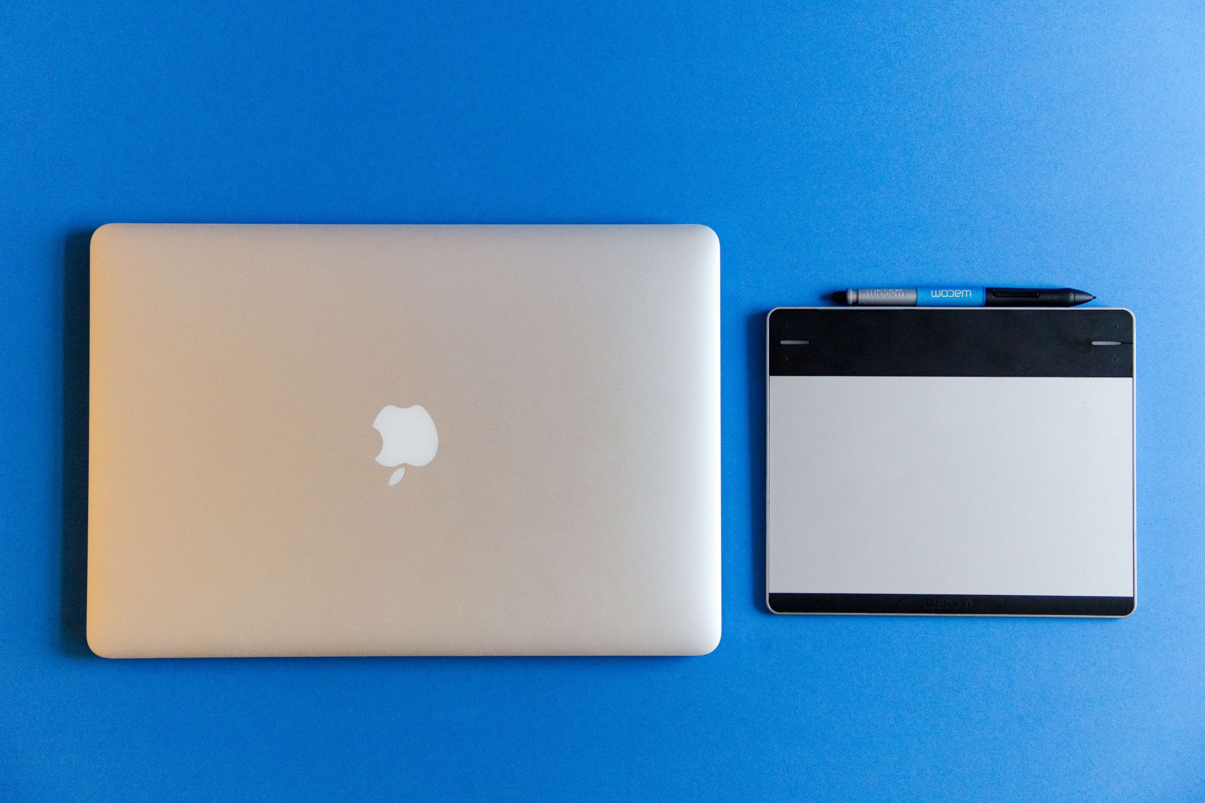 macbook, blue background, retina, simplicity, blue, two objects, colored background, close-up, table, technology, cut out, directly above, wacom, intuos, HD Wallpaper