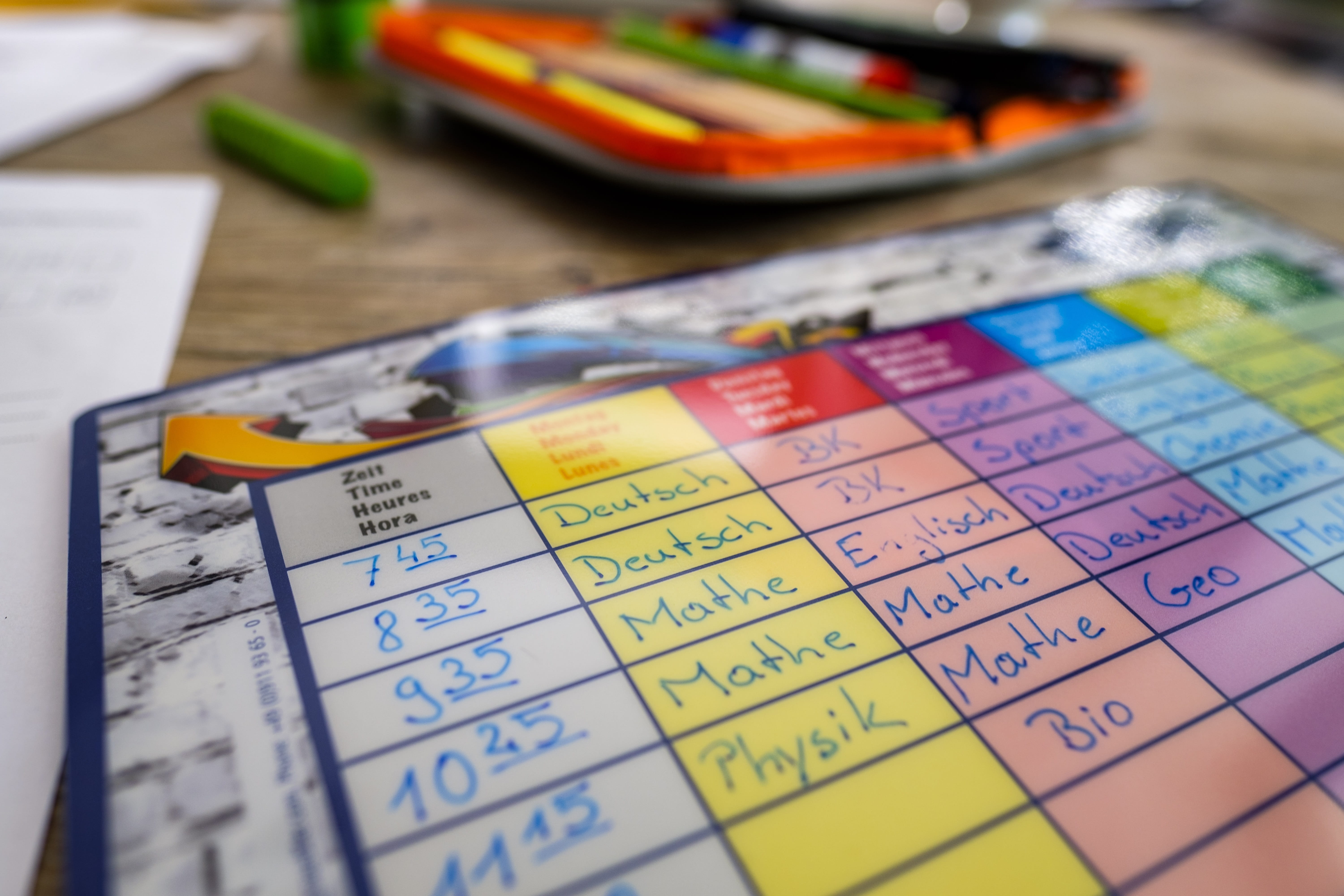 selective focus, focus on foreground, school, timetable, text, multi colored, time, no people, yellow, still life, indoors, homework, education, desk, communication, HD Wallpaper