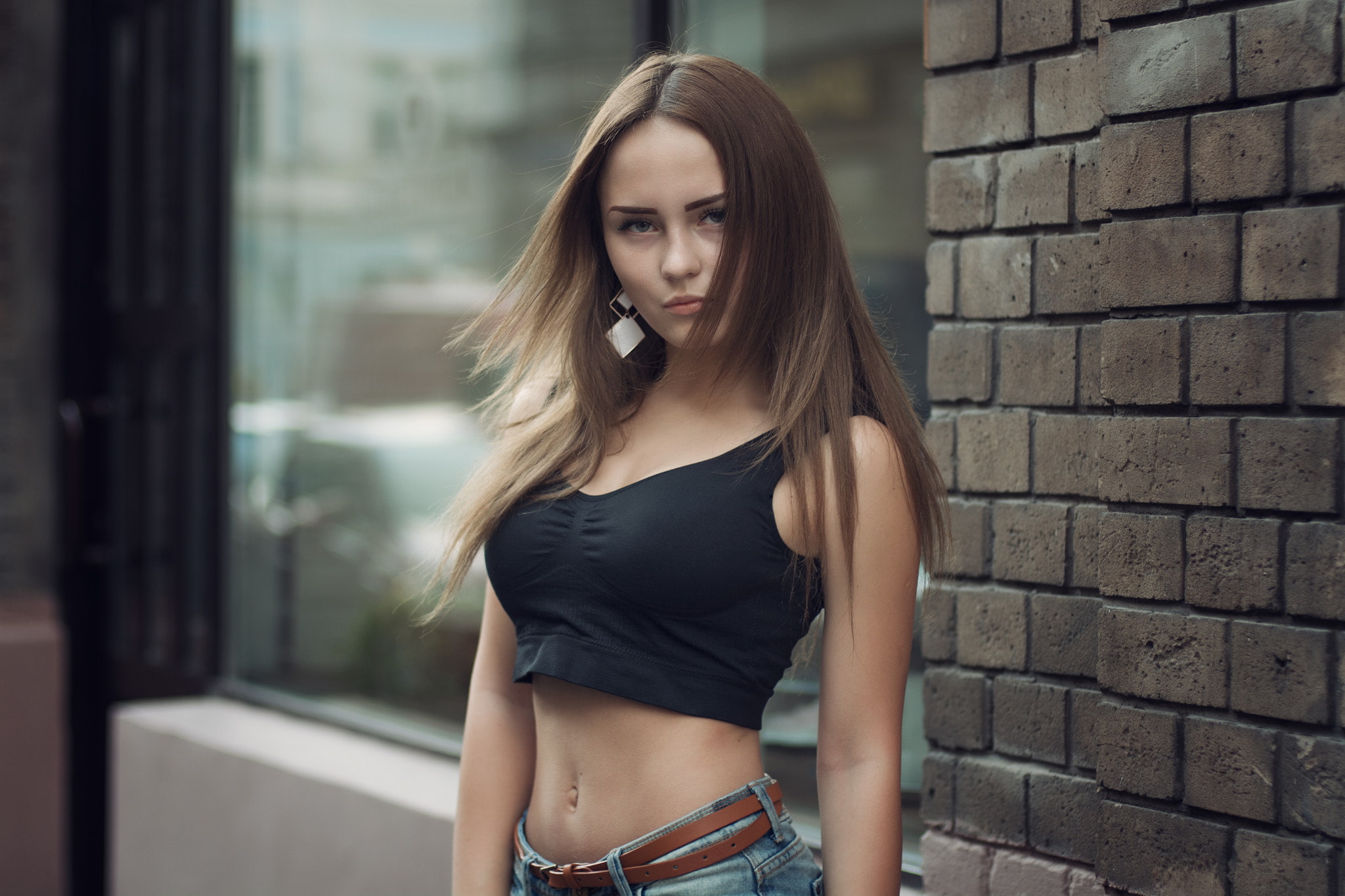 brick, beauty, belly, looking at camera, young adult, lifestyles, women, front view, hair, standing, beautiful woman, glass, depth of field, fashion, portrait, HD Wallpaper