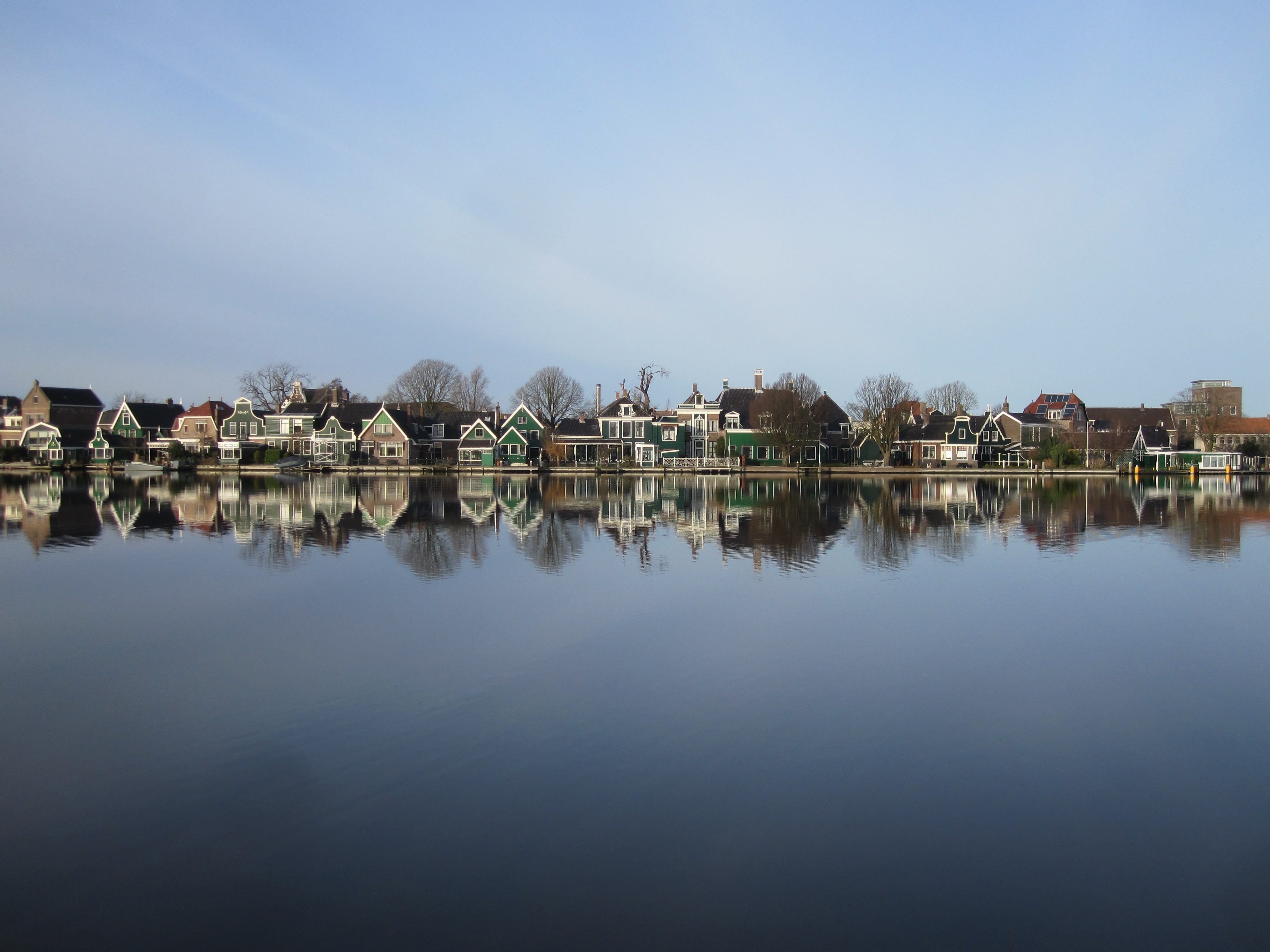 copy space, nature, reflection lake, 4K, reflection, landscape, architecture, sky, built structure, mills, day, blue, water, air, clogs, lake, no people, HD Wallpaper