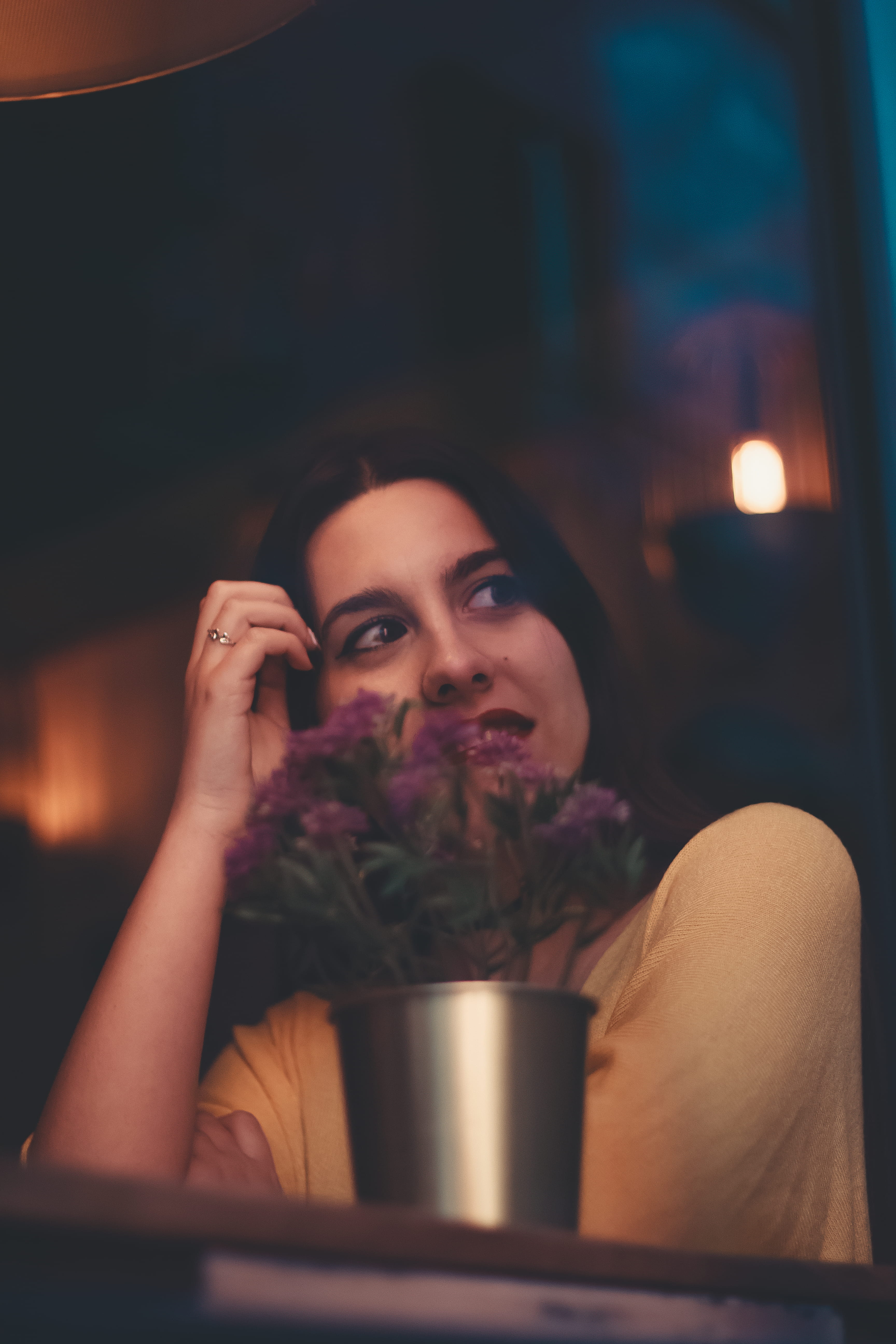 front view, clothing, lifestyles, portrait, young women, young adult, looking, coffee cup, scarf, woman, plant, blossom, flower arrangement, leisure activity, Phone HD Wallpaper