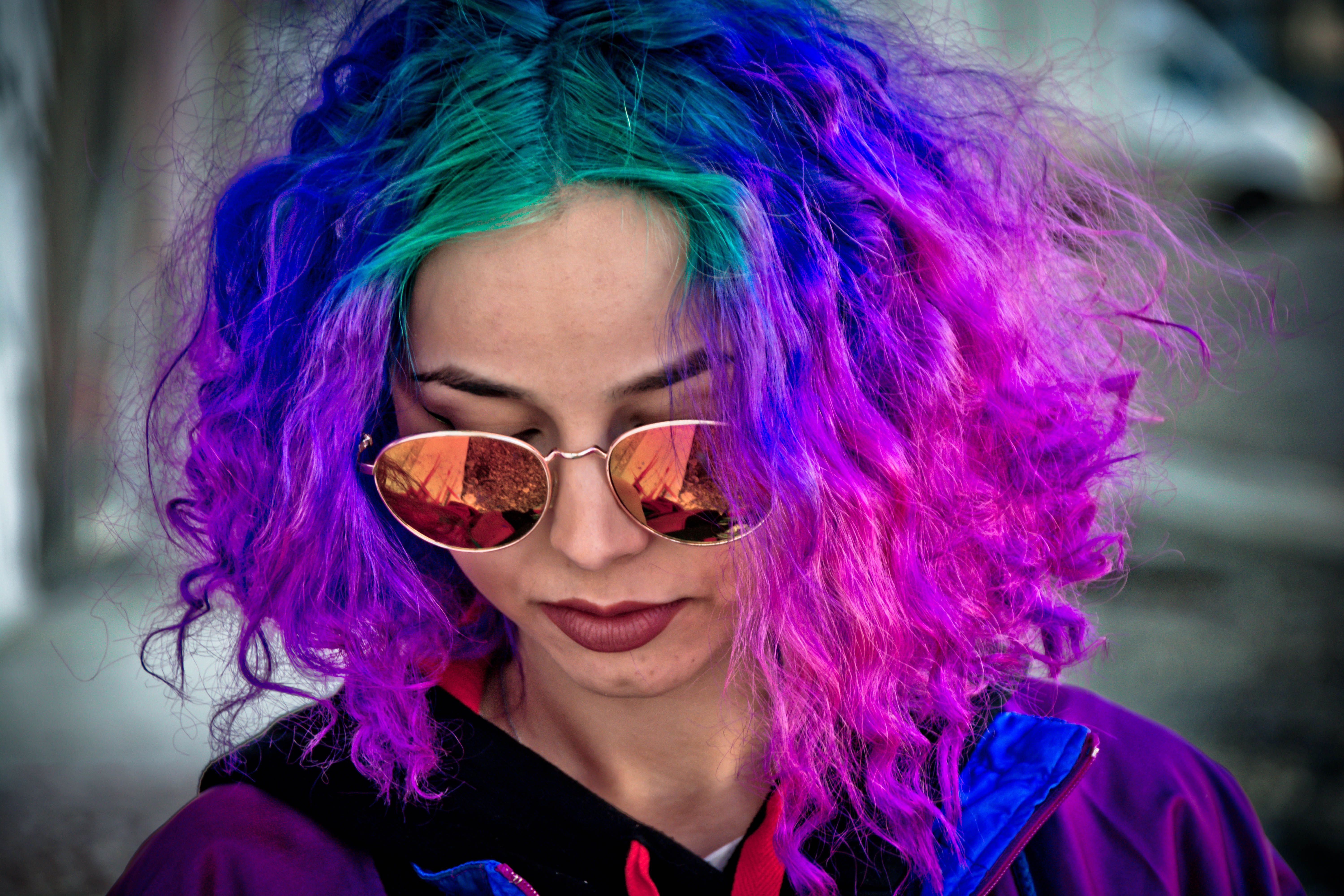 smiling, one person, photo, portrait, dyed hair, dye, front view, fashion, person, photography, accessories, coat, hairstyle, focus on foreground, purple, HD Wallpaper