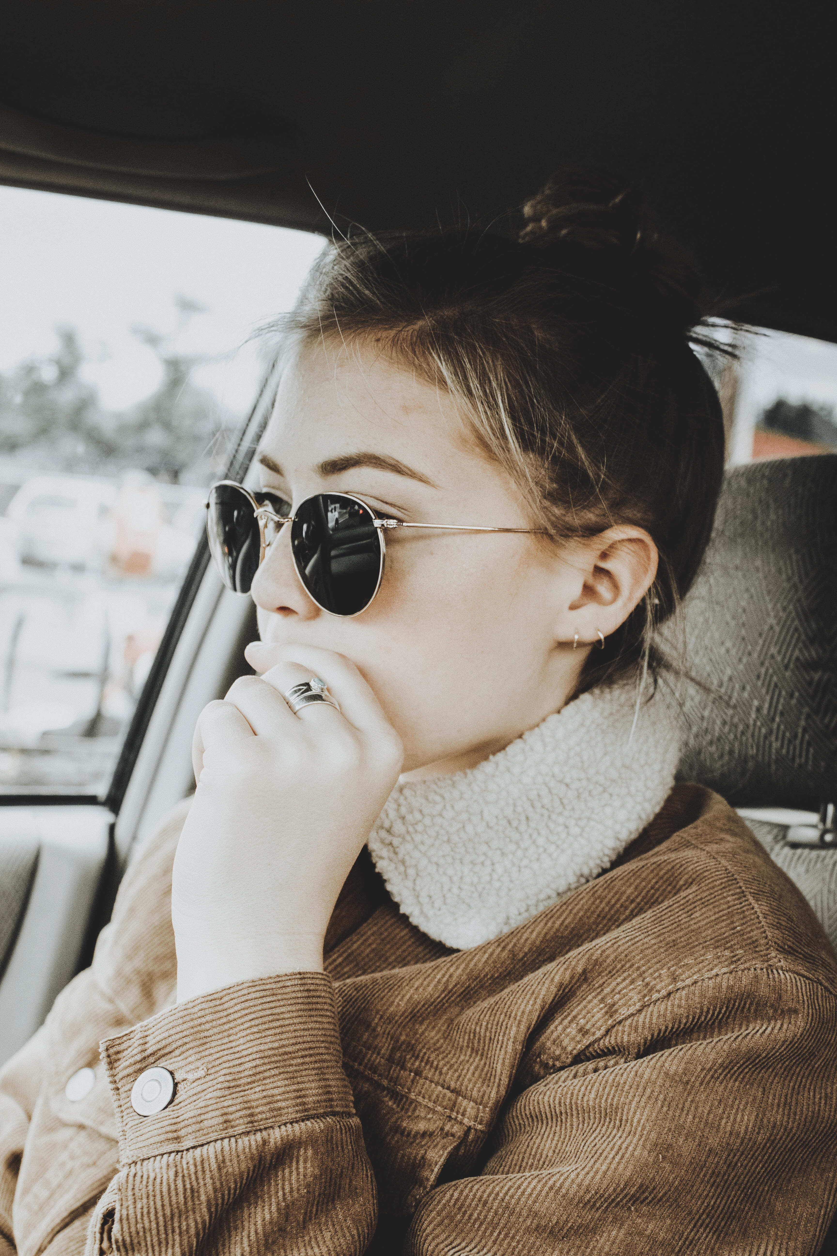 child, outdoors, transportation, glasses, hairstyle, jacket, women, childhood, real people, one person, woman, car interior, corduroy, mode of transportation, Phone HD Wallpaper