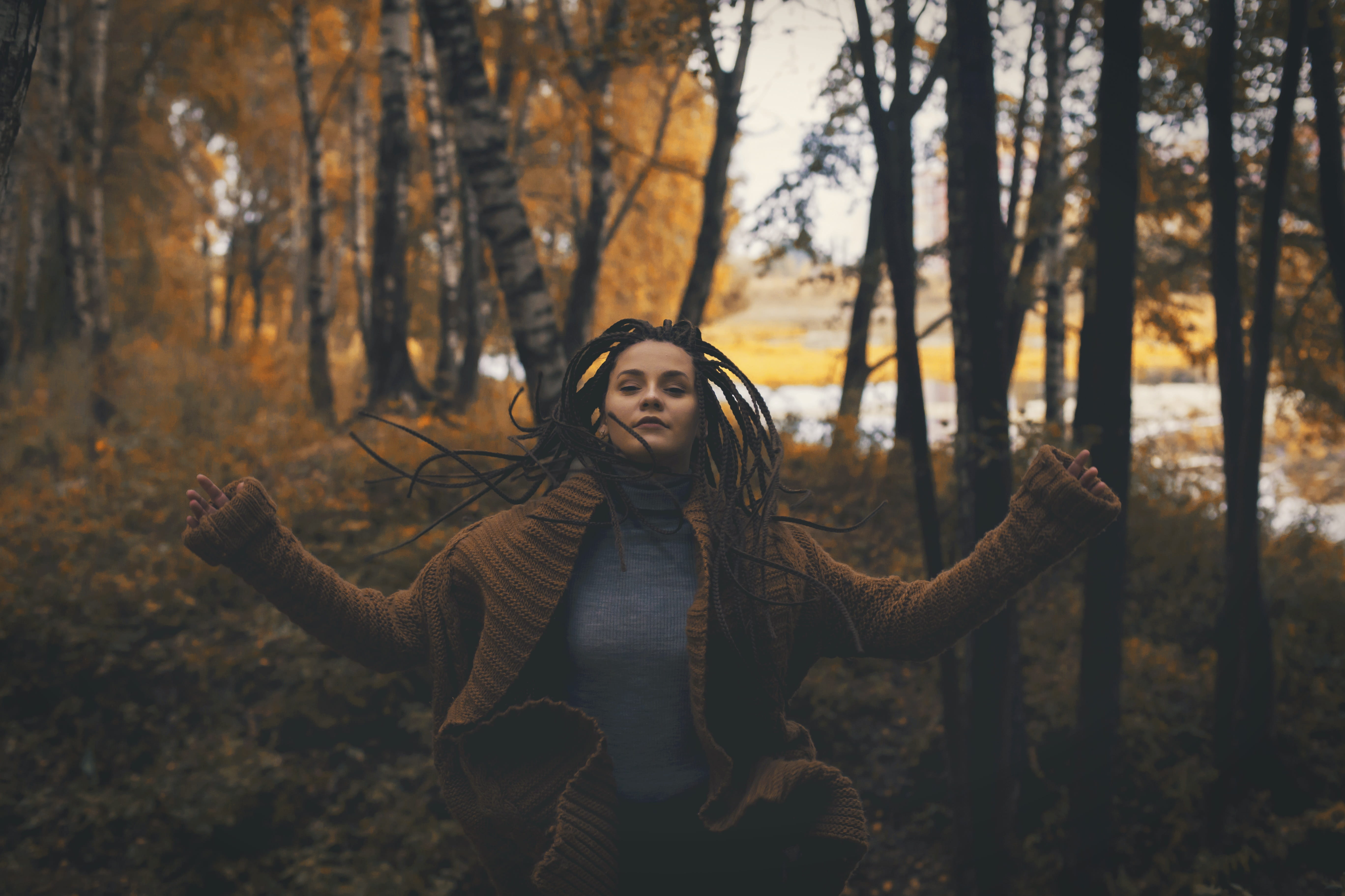 fire, winter, woodland, sweater, land, shaman, brown, standing, one person, real people, forest, young adult, 5K, outdoors, beautiful woman, scarf, nature, HD Wallpaper