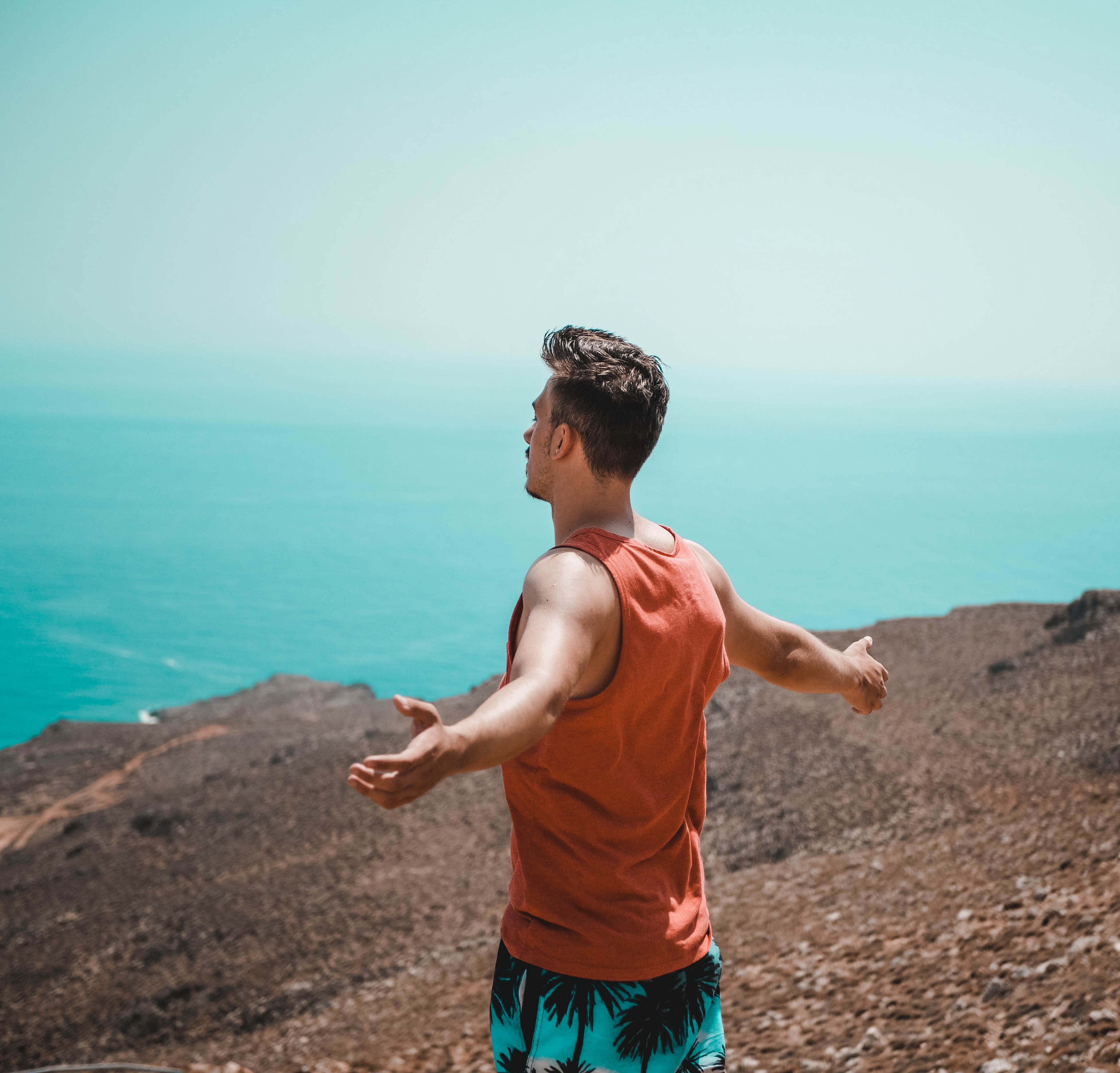 leisure activities, greece, nature, casual clothing, standing, 4K, sea, top, men, shorts, one person, horizon, human, scenics - nature, man, people, outdoors, HD Wallpaper