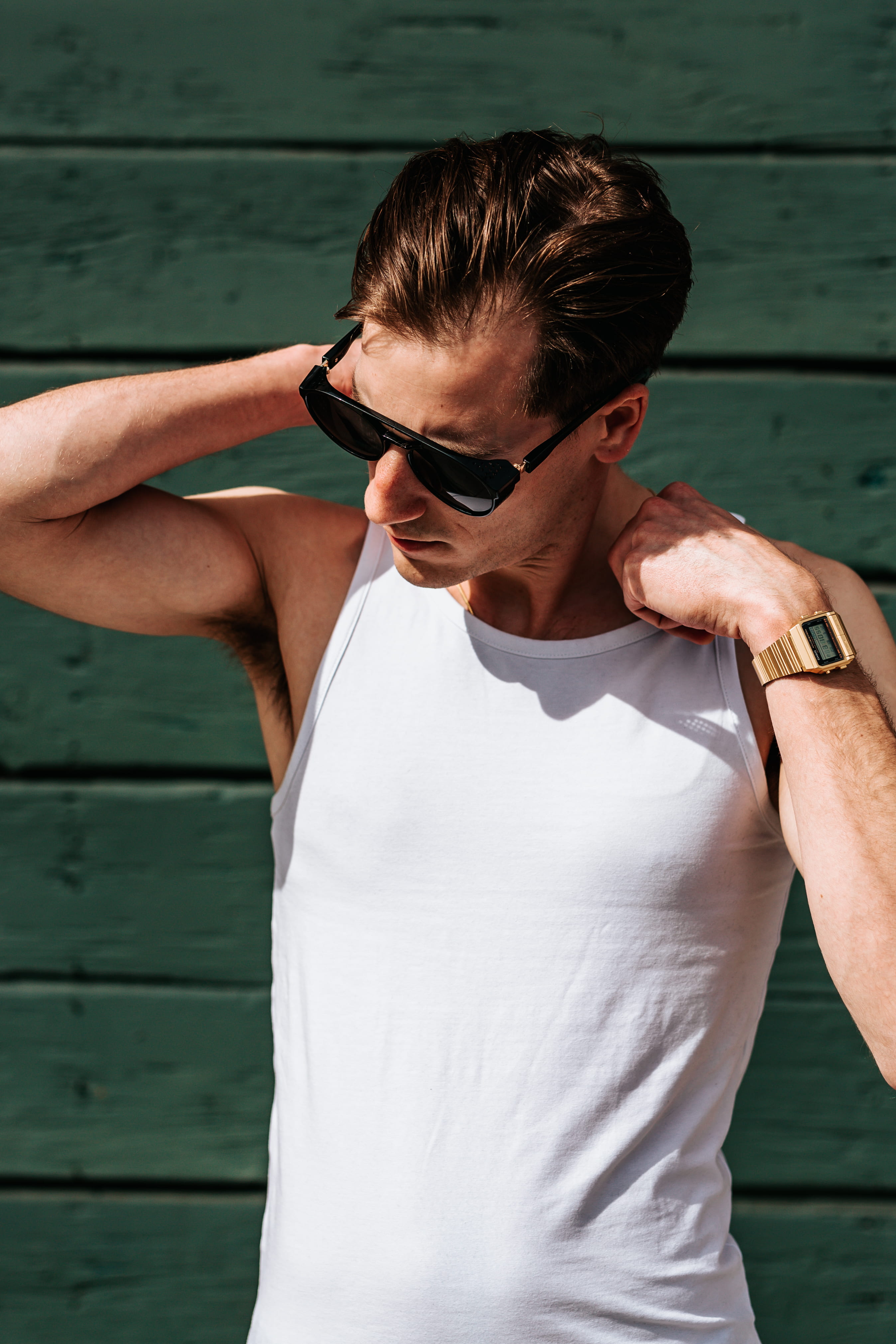 hairstyle, outdoors, standing, young men, leisure activity, tanktop, tank, eyeglasses, water, day, real people, wearing, shoulder, watch, lifestyles, person, Phone HD Wallpaper