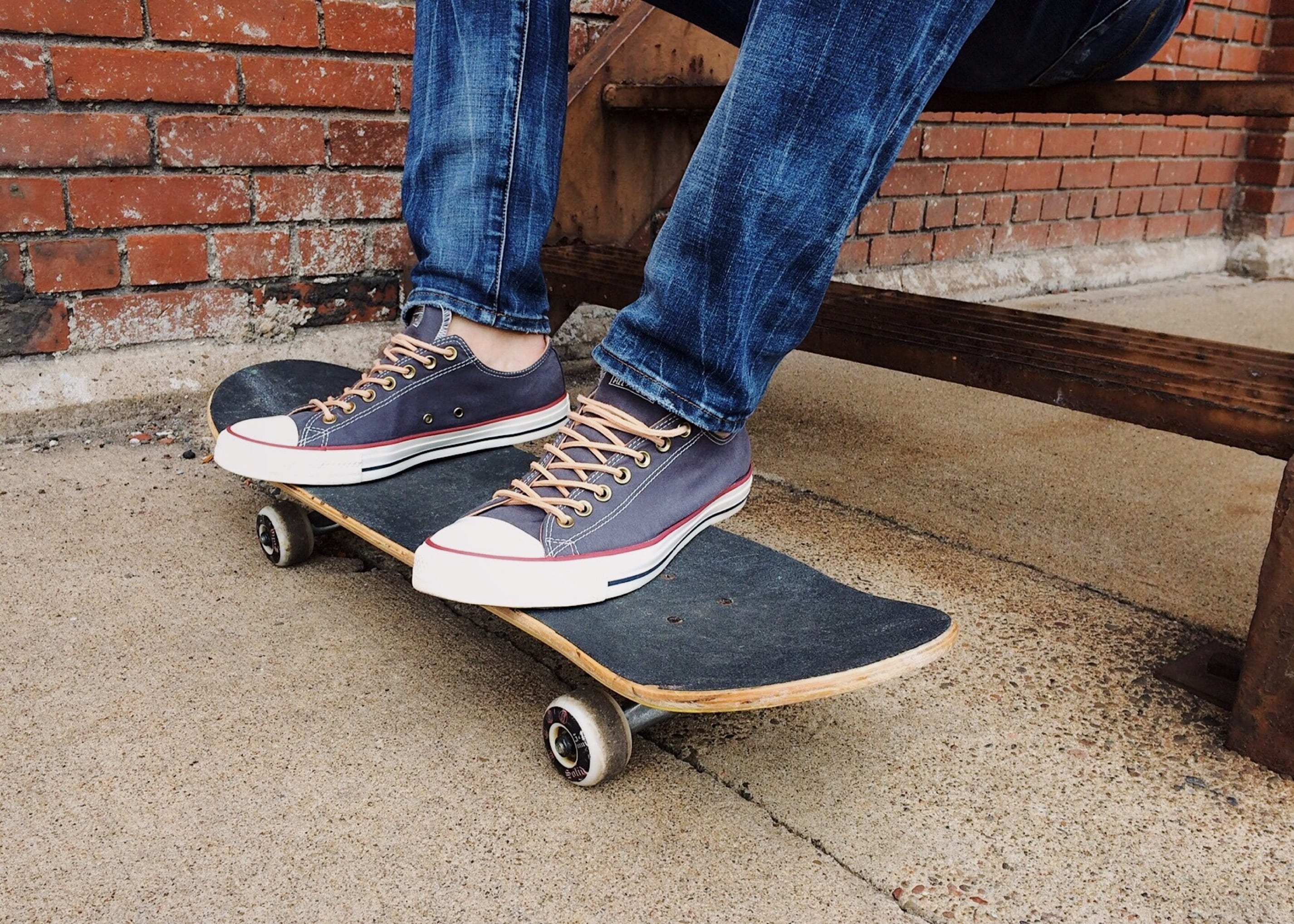 board, body part, urban, feet, architecture, low section, casual clothing, human limb, 2K, brick, shoe, skateboard, brick wall, human body part, gray, HD Wallpaper