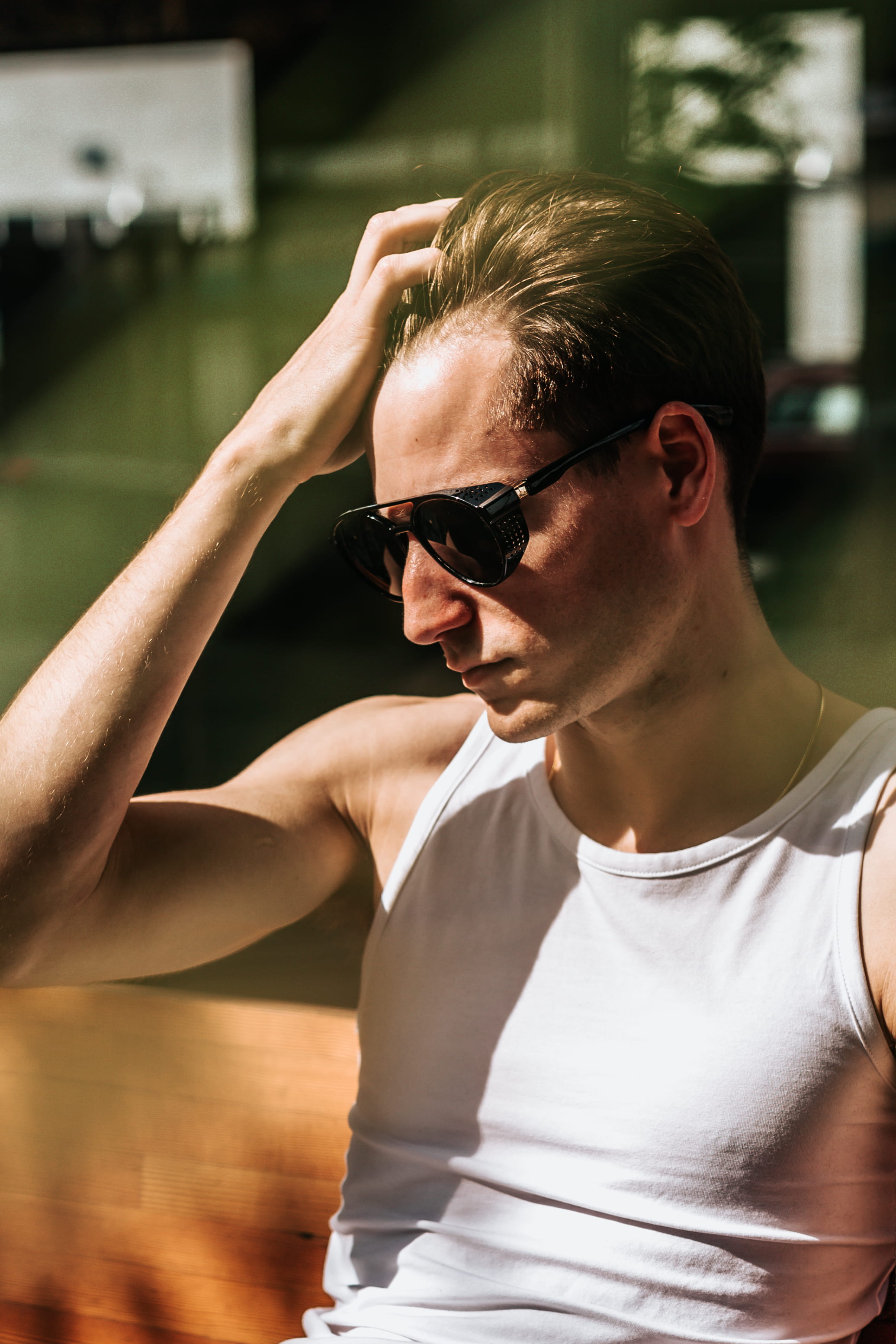 daytime, tank, model, sunlight, front view, leisure activity, men, 2K, top, guy, outdoors, day, focus on foreground, wood, dude, blur, taken, man, casual clothing, Phone HD Wallpaper