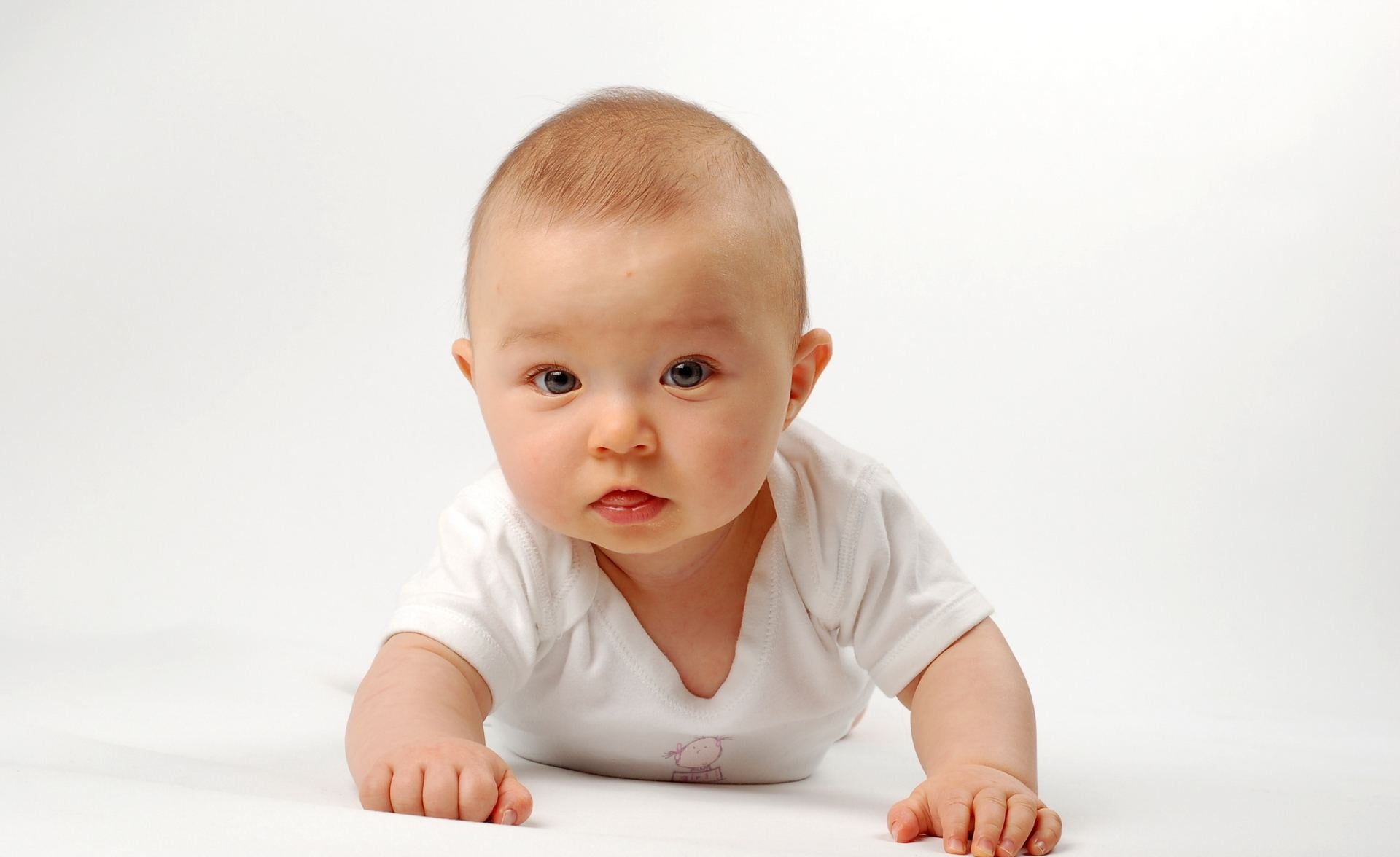 Baby, looking at camera, front view, innocence, portrait, studio shot, cute, white background, 1080P, child, emotion, headshot, white, tummy, young, indoors, HD Wallpaper