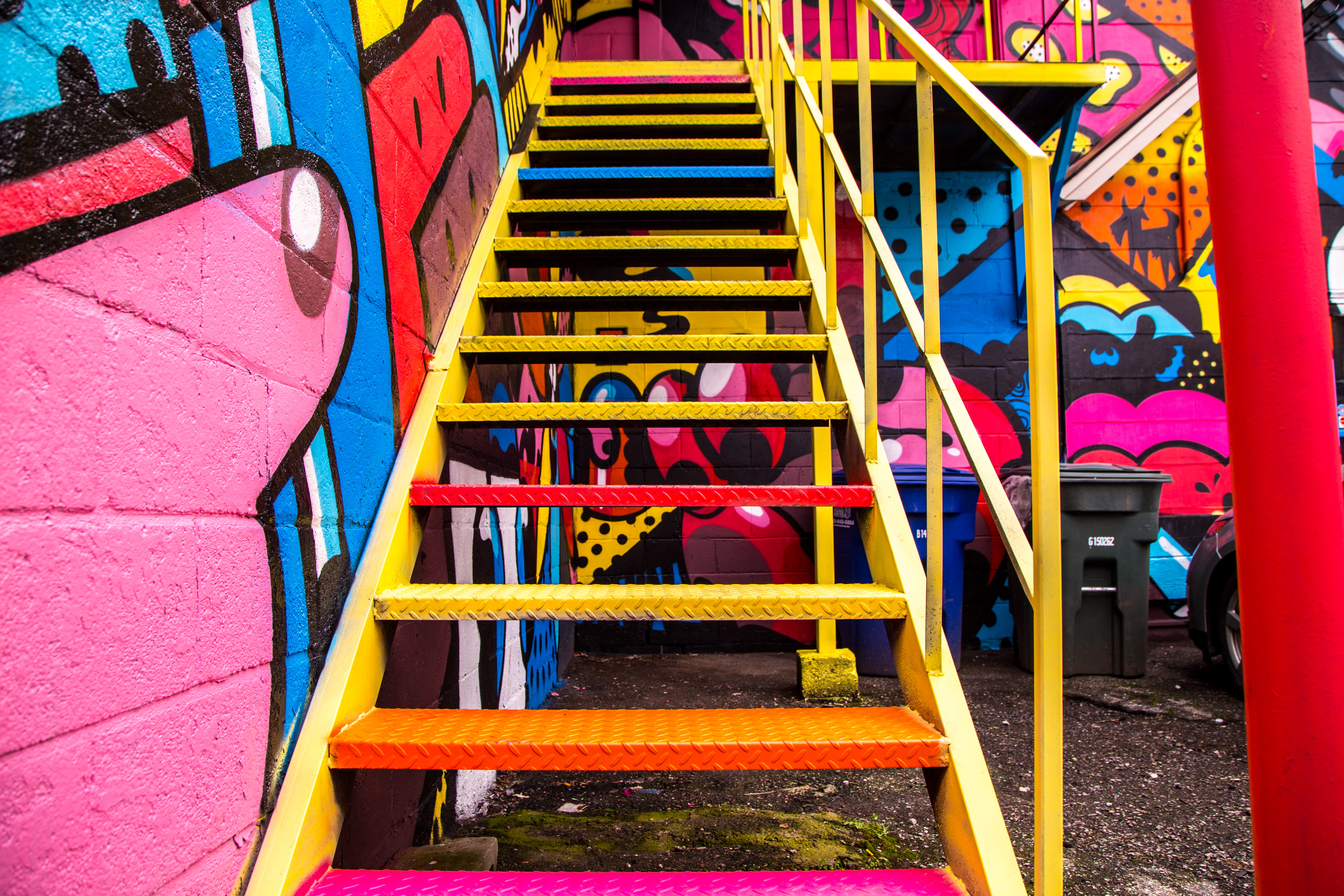 art, wall - building feature, stairs, colur, art and craft, staircase, urban, steps and staircases, creativity, 5K, metal, built structure, outdoors, empty, HD Wallpaper
