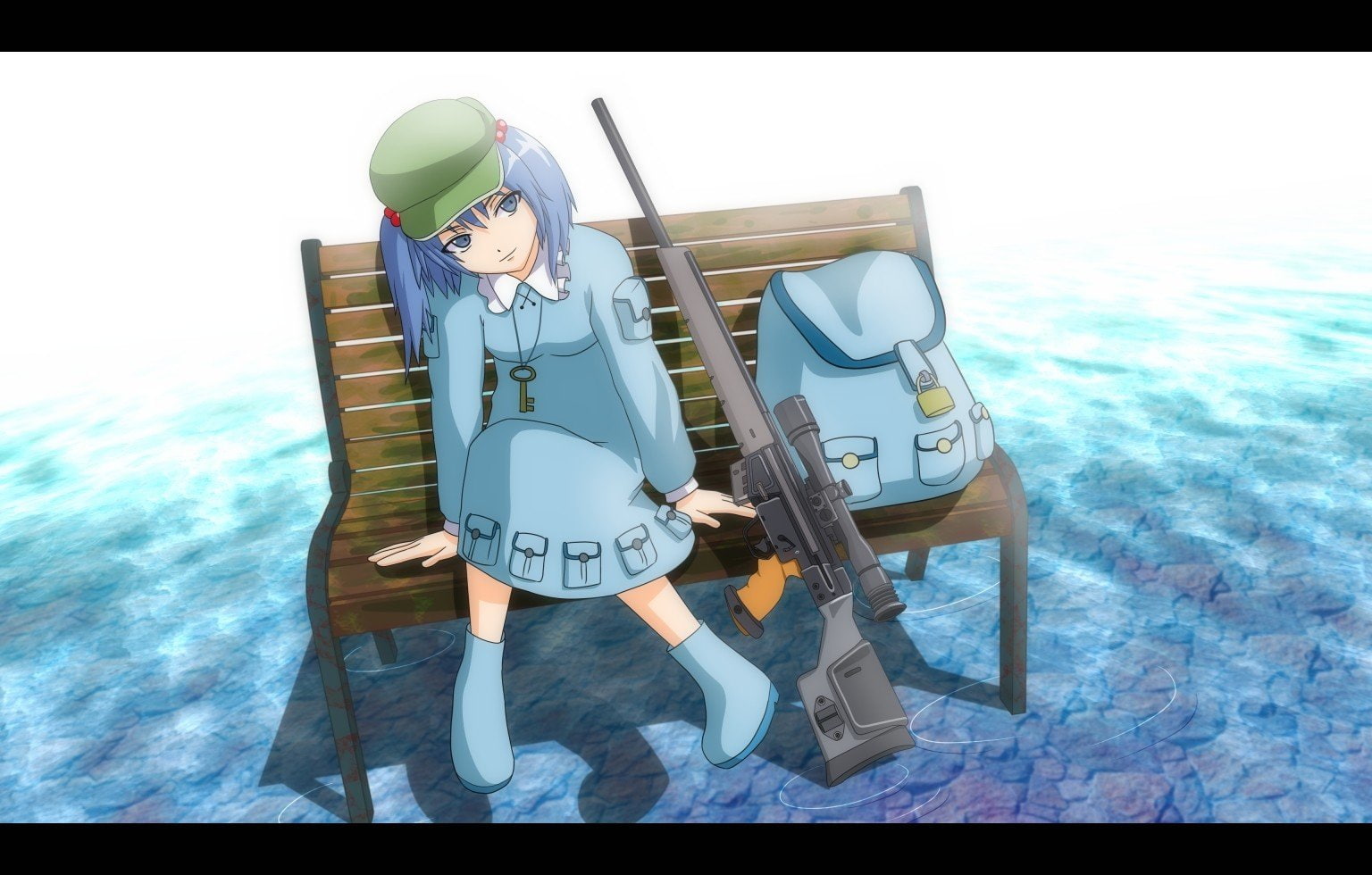 weapons, touhou, games, guns, nitori, sniper, hats, backpacks, psg 1, eyes, kawashiro, blue, video, 720P, hair, HD Wallpaper