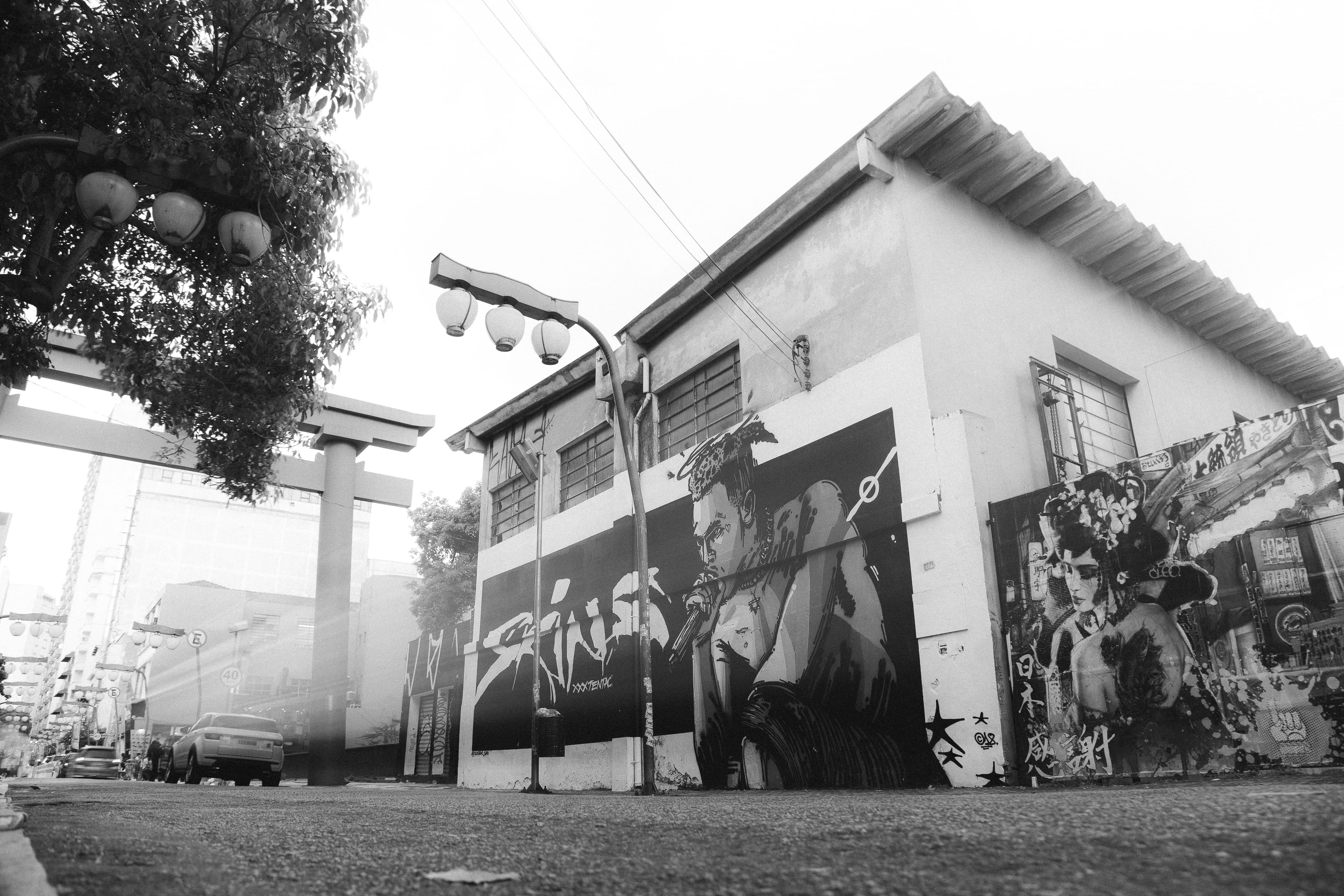 clear sky, plant, built structure, road, parked, cars, street art, 2K, wall, black-and-white, nature, real people, mode of transportation, transportation, HD Wallpaper