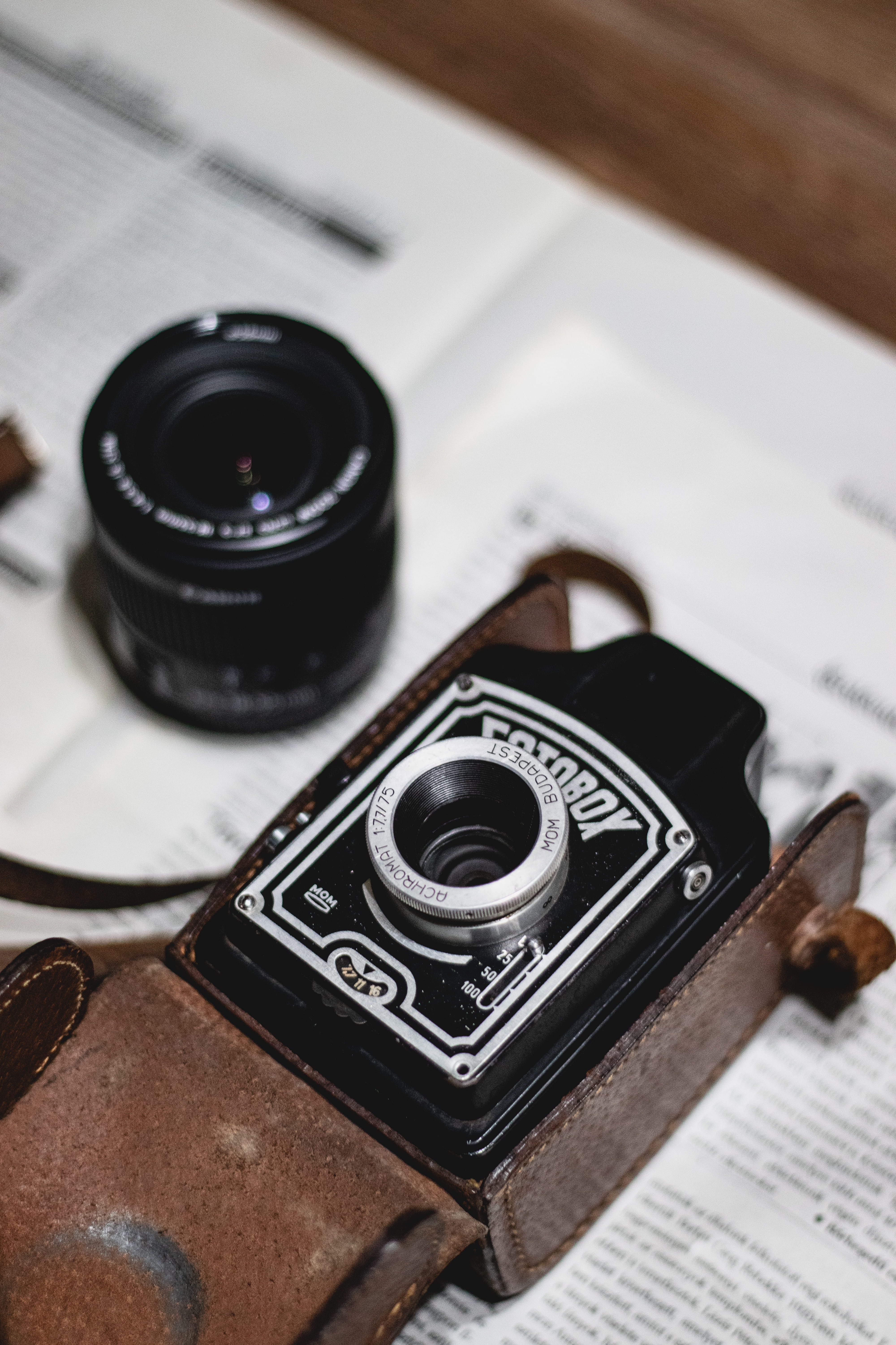 electronics, brown, strap, still life, wood - material, lens - optical instrument, camera, arts culture and entertainment, high angle view, antique, no people, Phone HD Wallpaper