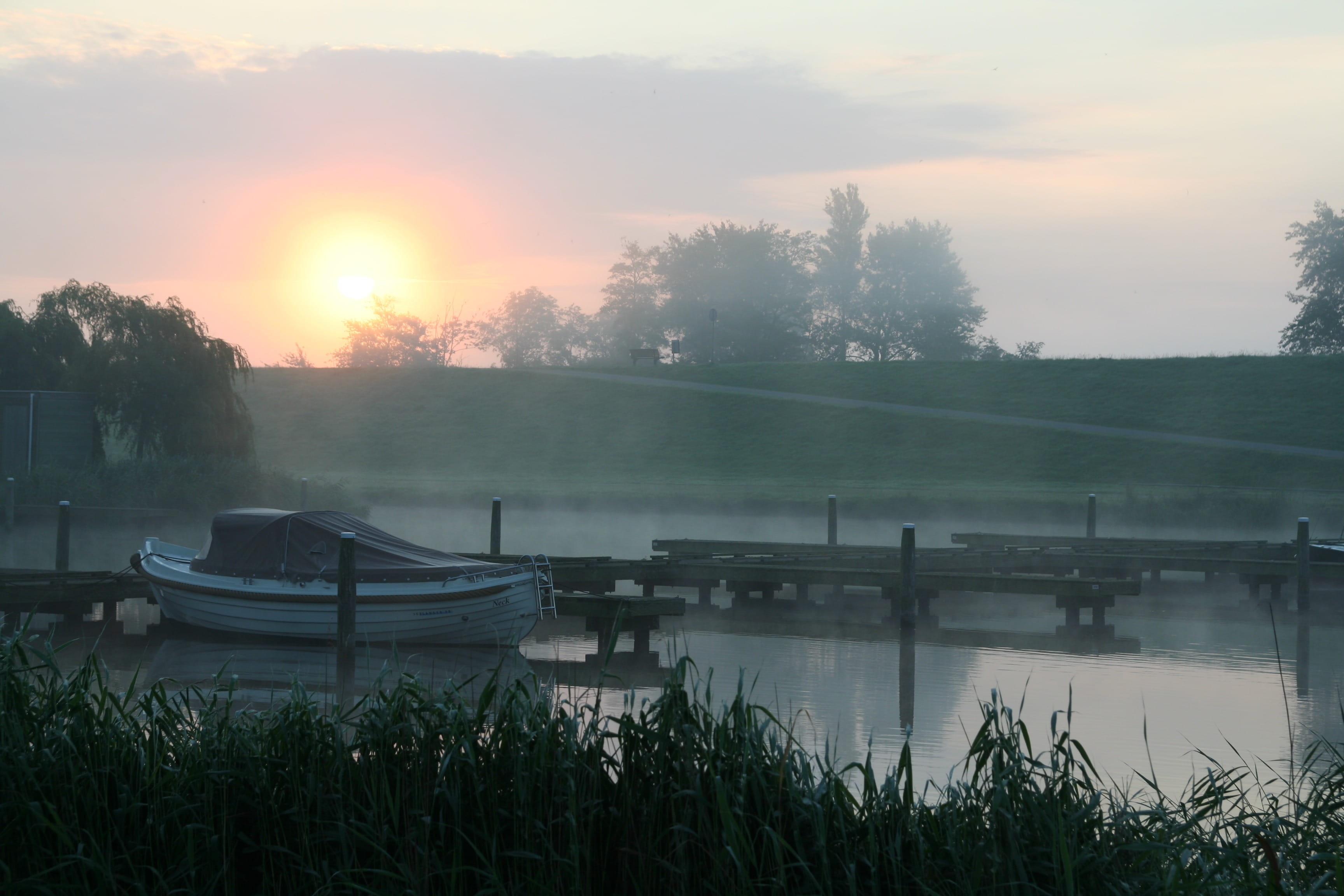 Boot, moored, sky, Skies, fog, tranquility, mode of transportation, plant, sun, water, scenics - nature, tranquil scene, outdoors, nature, no people, sunset, HD Wallpaper