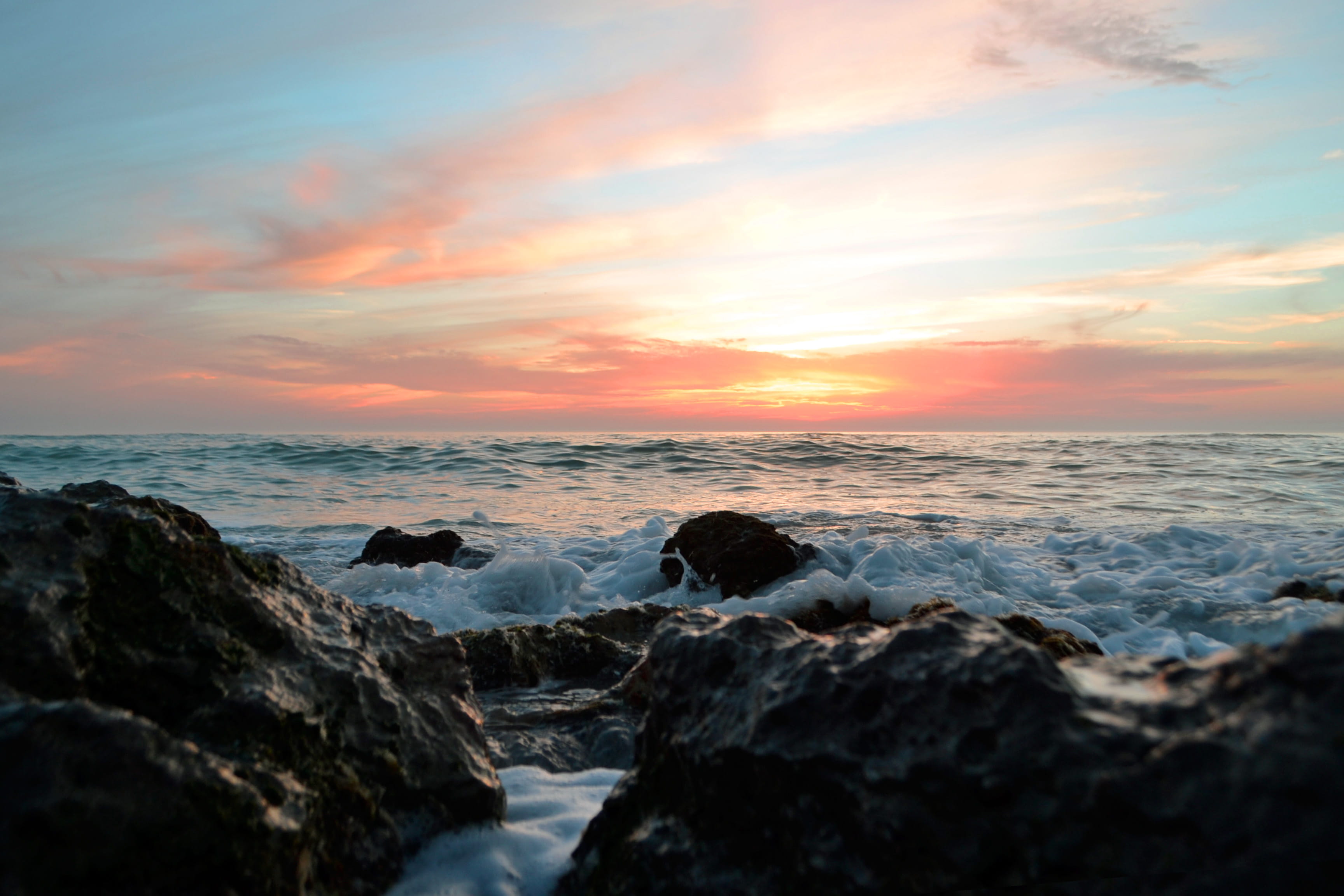 tranquility, sky, horizon, tranquil scene, ocean, rocks, venice beach, sun, solid, no people, venice, scenics - nature, nature, warm, rock - object, wave, HD Wallpaper