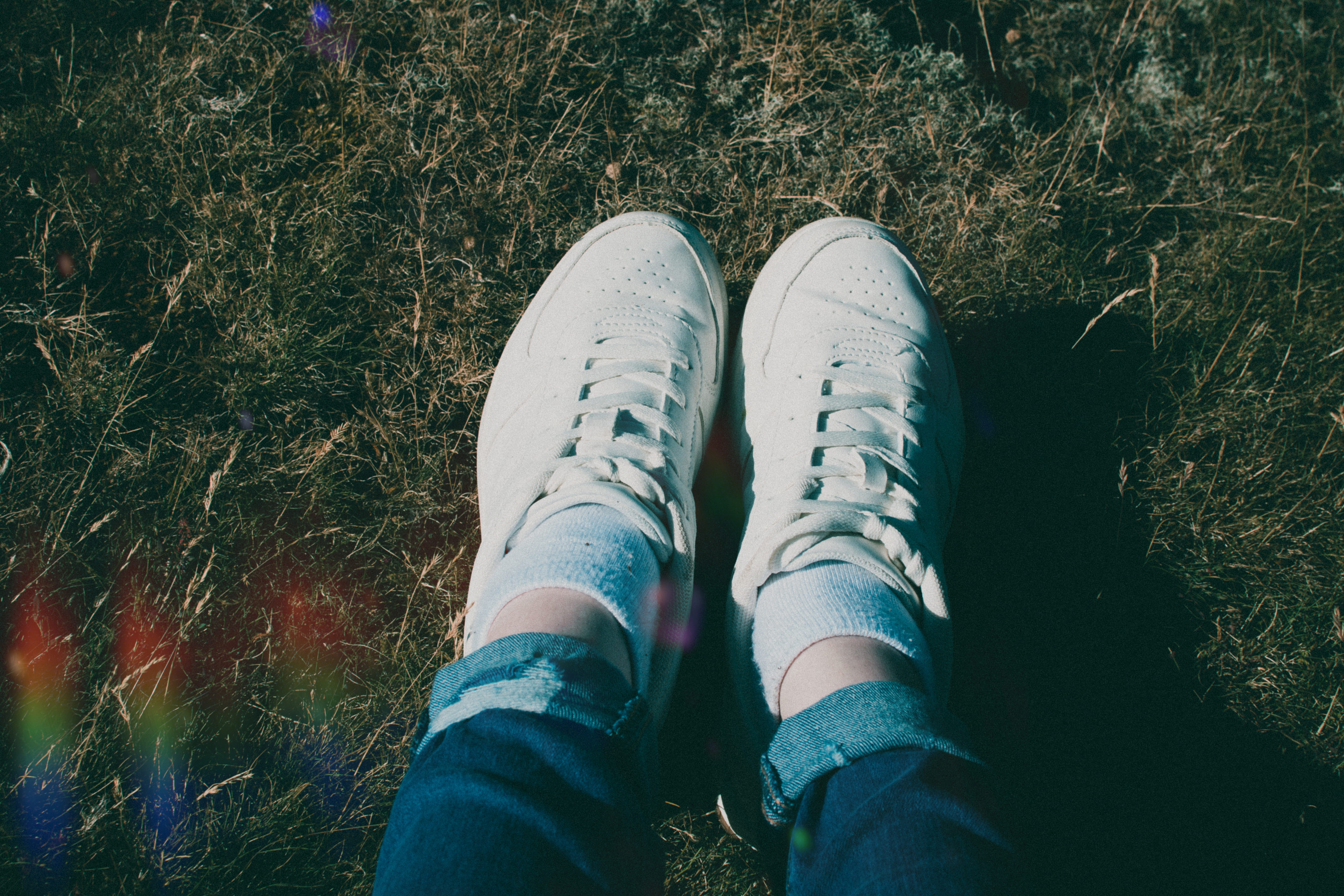 5K, photo, high angle view, sneakers, nature, human leg, wearing, human limb, footwear, plant, close, socks, personal perspective, shoes, HD Wallpaper