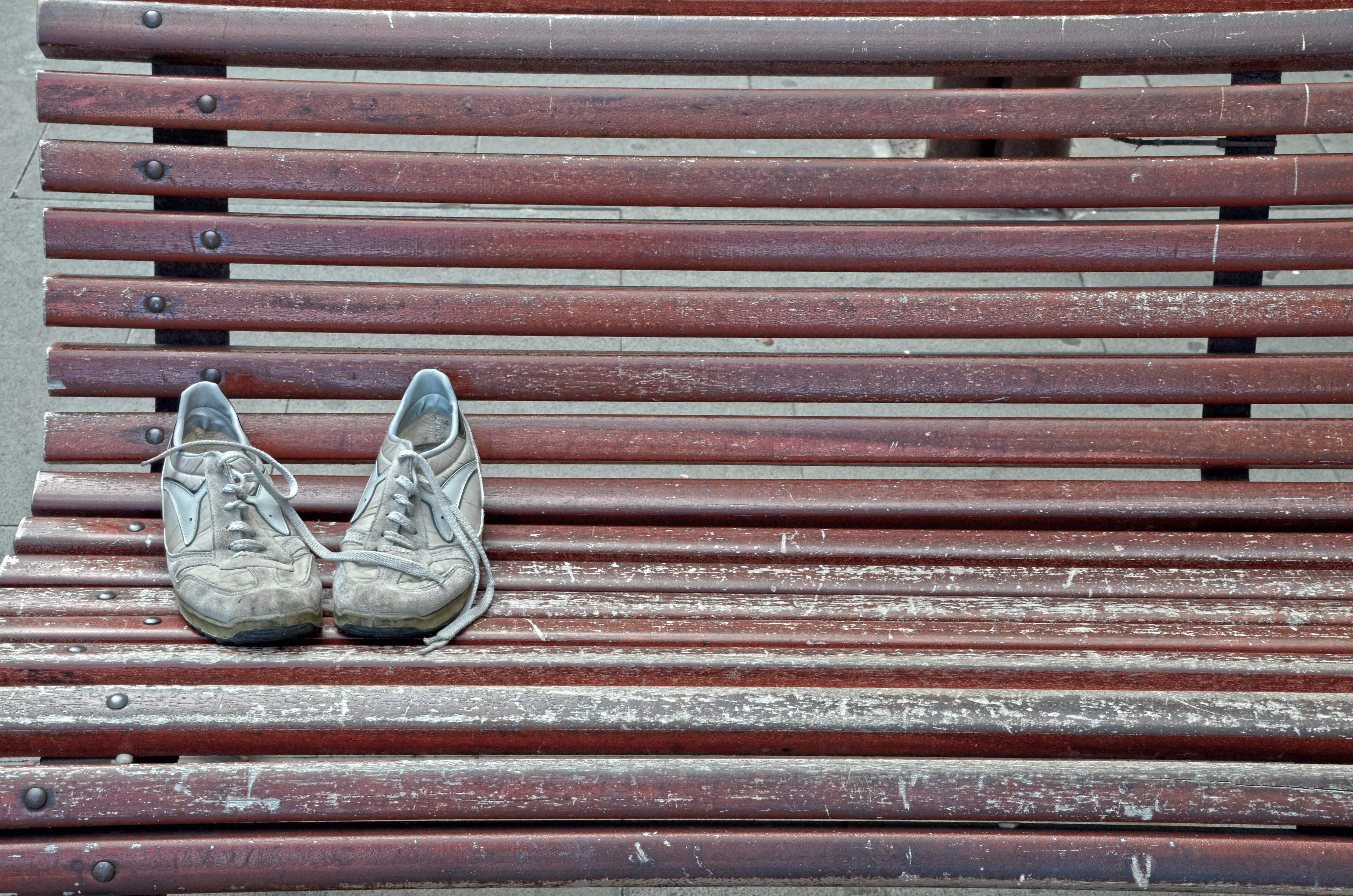 shoes, sneakers, brown, 4K, pair, close-up, outdoors, protection, low section, pattern, shoe, in a row, footwear, bench, body part, no people, metal, iron, HD Wallpaper