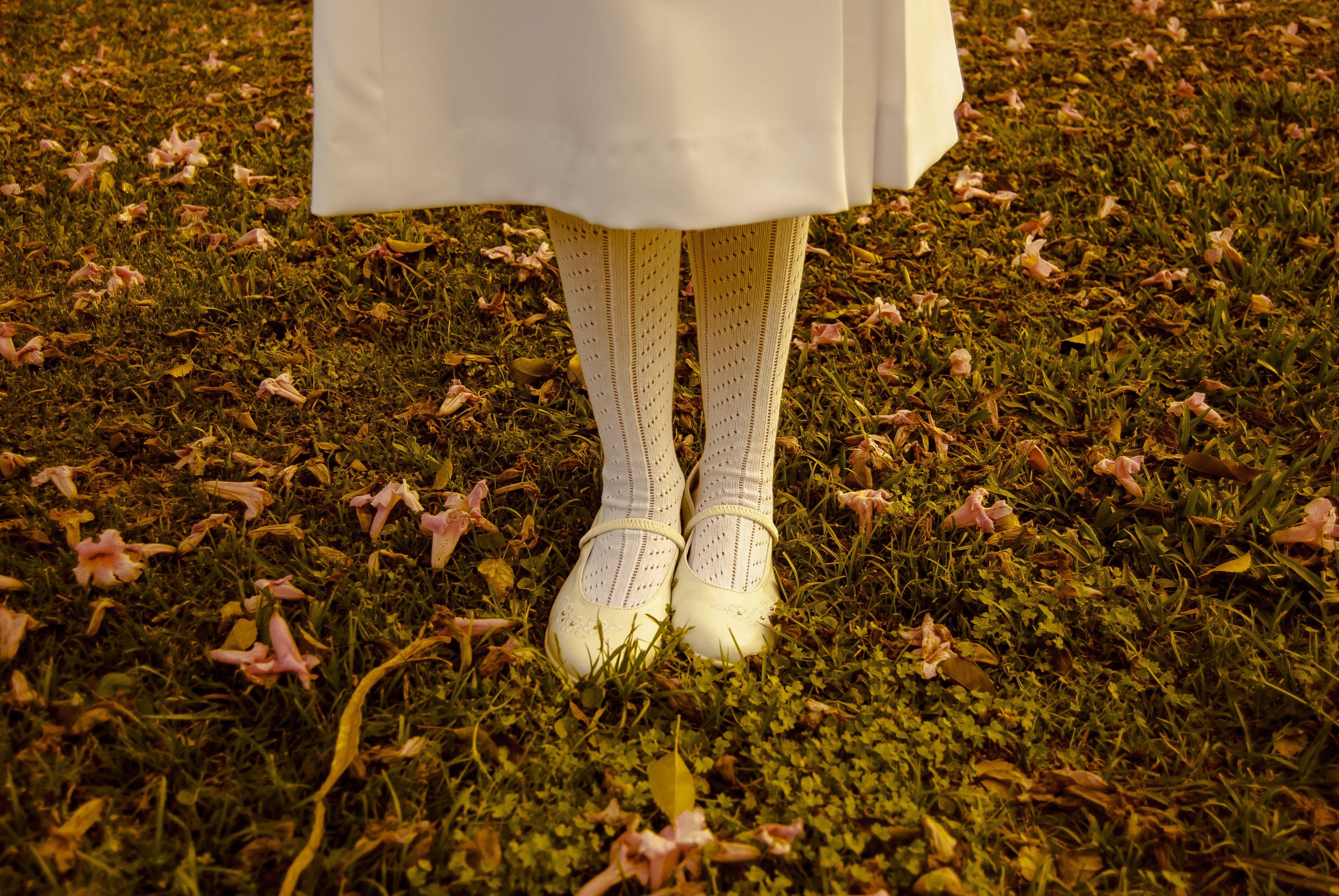 real people, women, wearing, shoe, flowers, human body part, nature, white, daytime, autumn, one person, land, feet, human foot, white dress, petal, skirt, HD Wallpaper