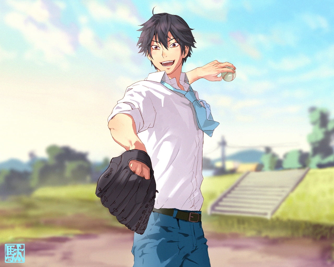 adult, three quarter length, exercising, boys, lifestyles, beautiful woman, takaya abe, character, man, ookiku furikabutte, smiling, baseball glove, nature, HD Wallpaper