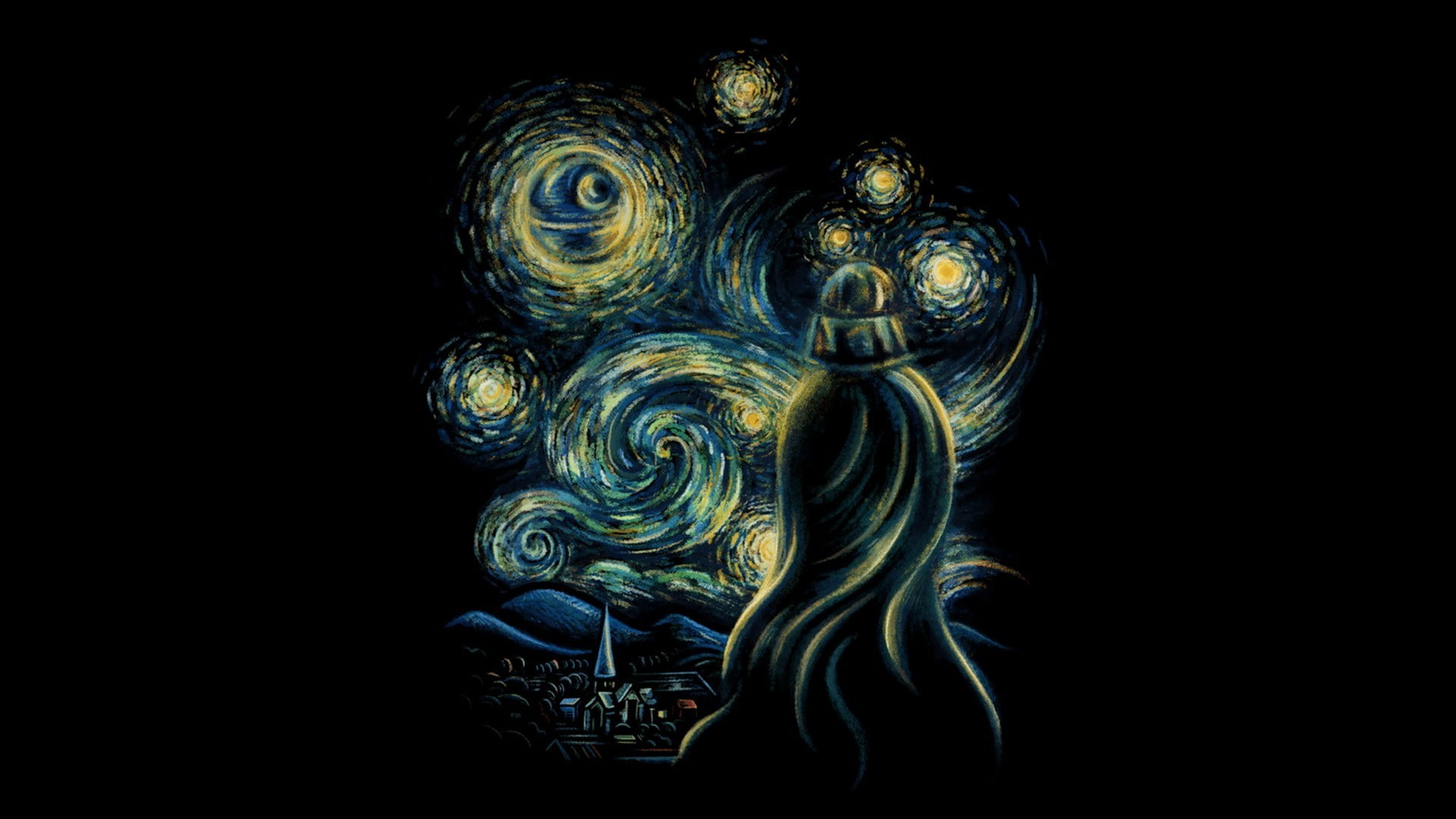 floral pattern, 1080P, abstract, human representation, design, indoors, dark, star wars vincent van gogh crossover death star darth vader artwork black background, HD Wallpaper