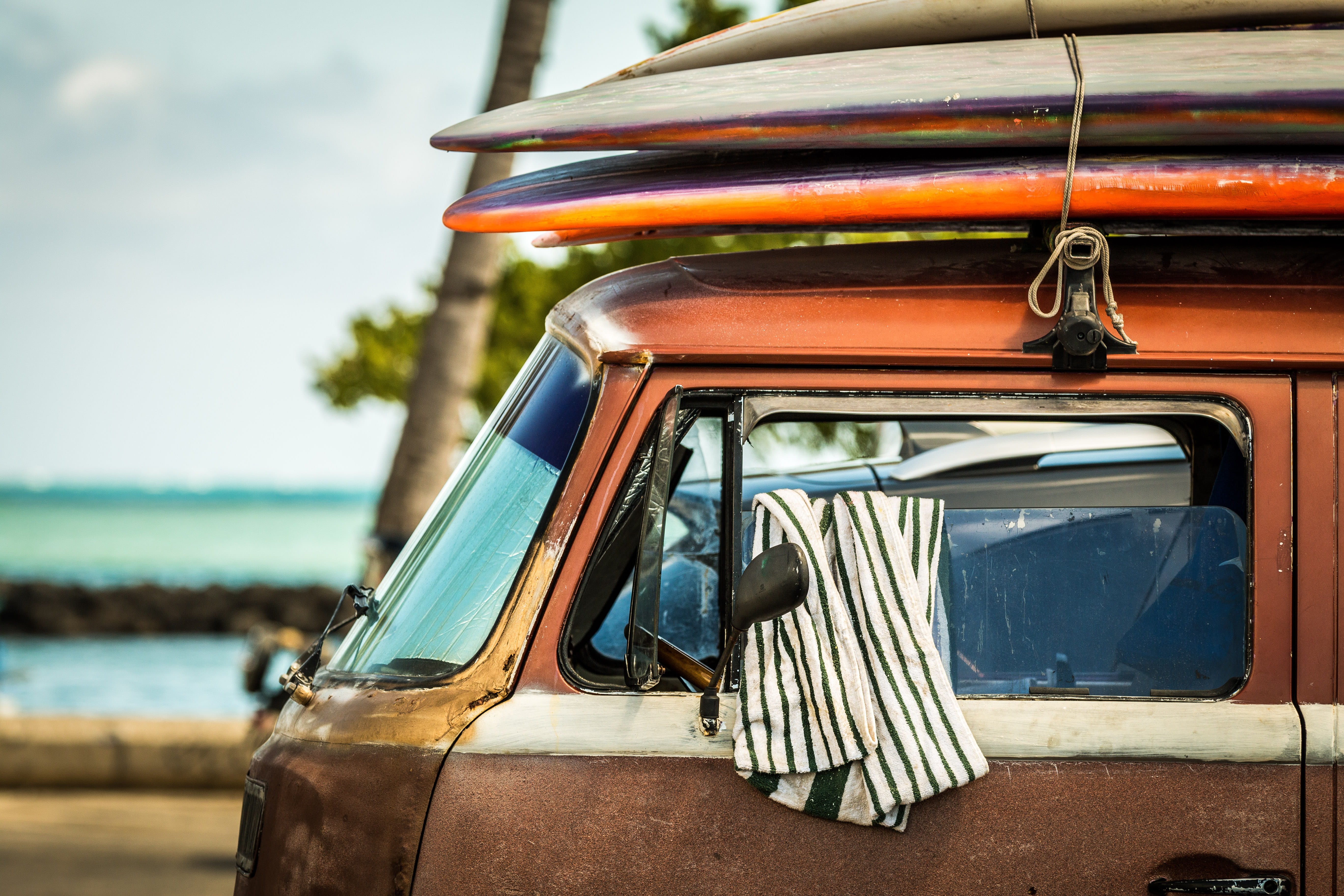 closeup, beach, car, retro styled, surfing, day, surfer van, hawaii, photo, 5K, vehicle, close-up, outdoors, shirt, brown, land vehicle, nautical vessel, HD Wallpaper