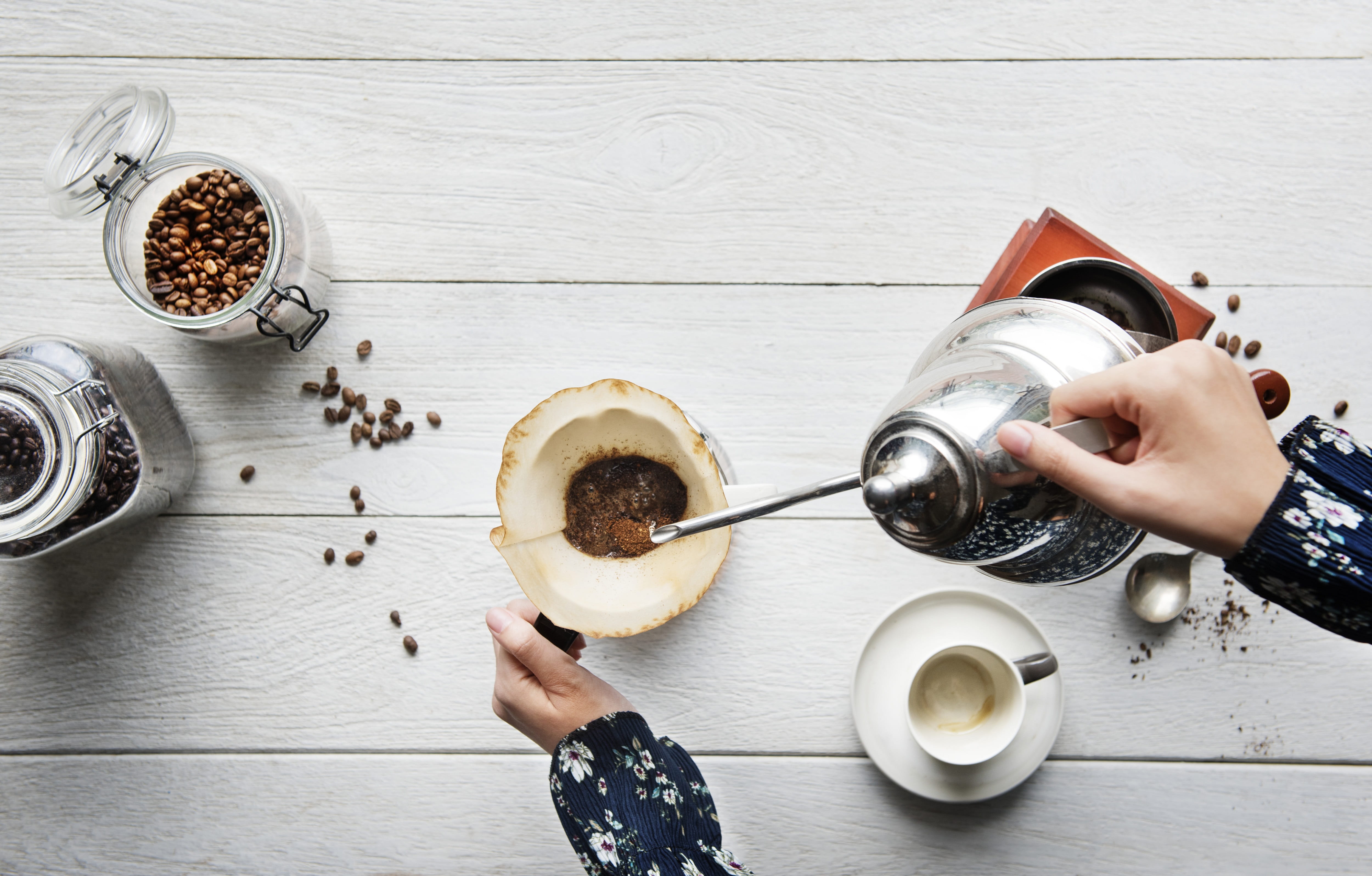 grinding, table, directly above, hot drink, 4K, spoon, human body part, brewing, eating utensil, kitchen utensil, drip coffee, cup, glass, cafe, one person, HD Wallpaper