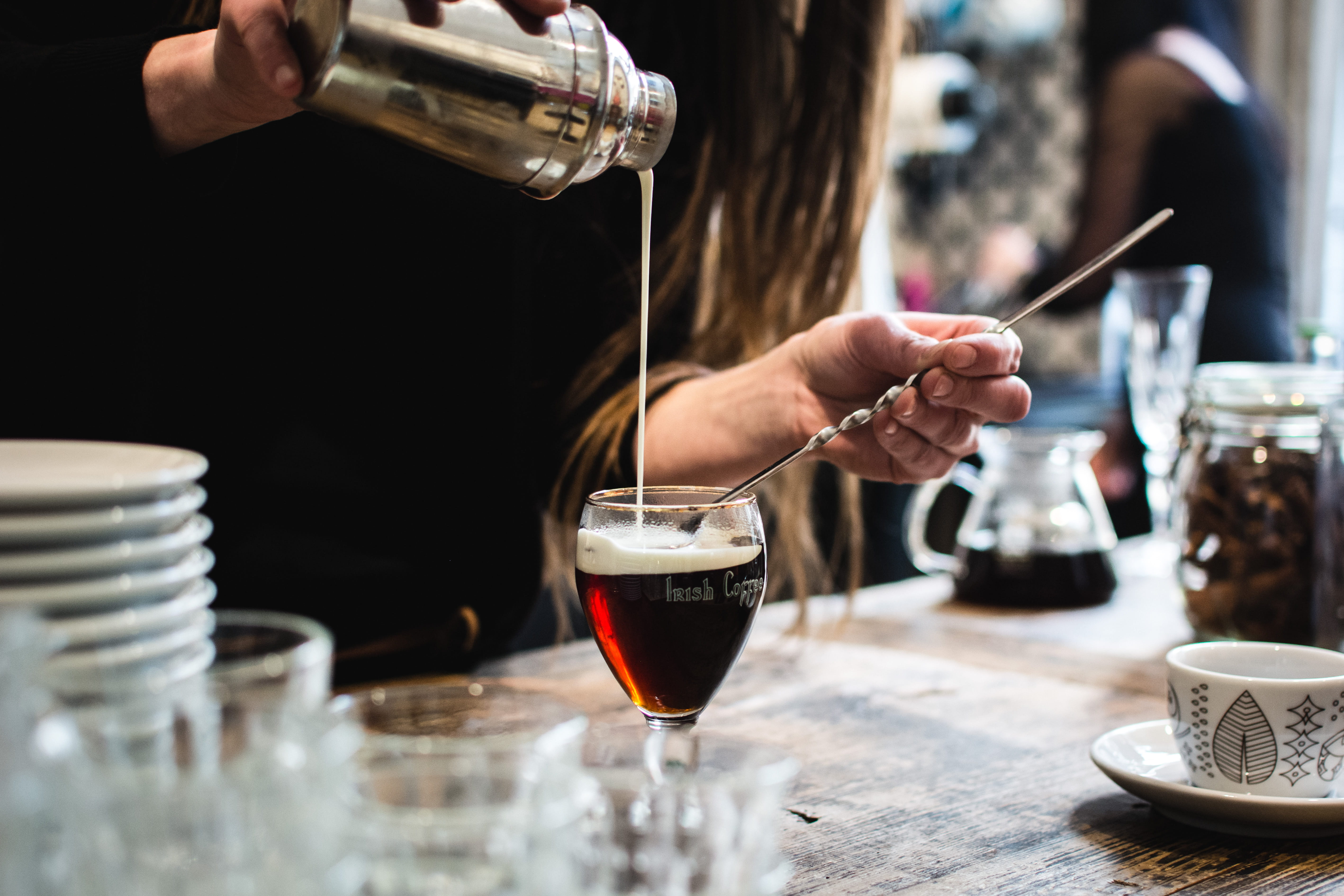 food and drink, holding, cup, table, coffee, coffee - drink, one person, refreshment, drink, preparation, pouring, irish coffee, bar counter, human body part, HD Wallpaper