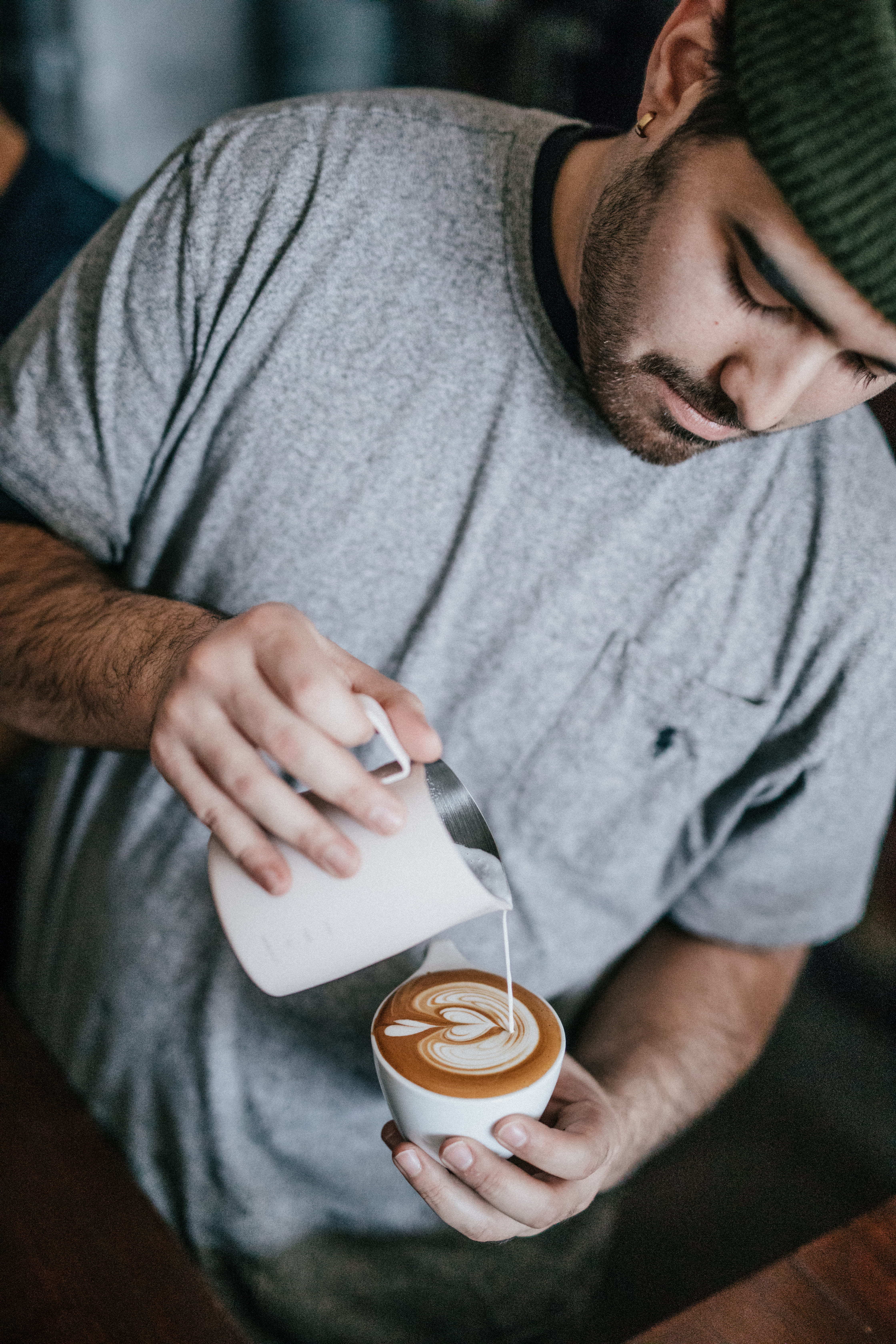 hot drink, cappuccino, shirt, food and drink, latte art, crew, casual clothing, coffee, gray, making, cup, coffee cup, grey, wearing, pouring, coffee bar, Phone HD Wallpaper