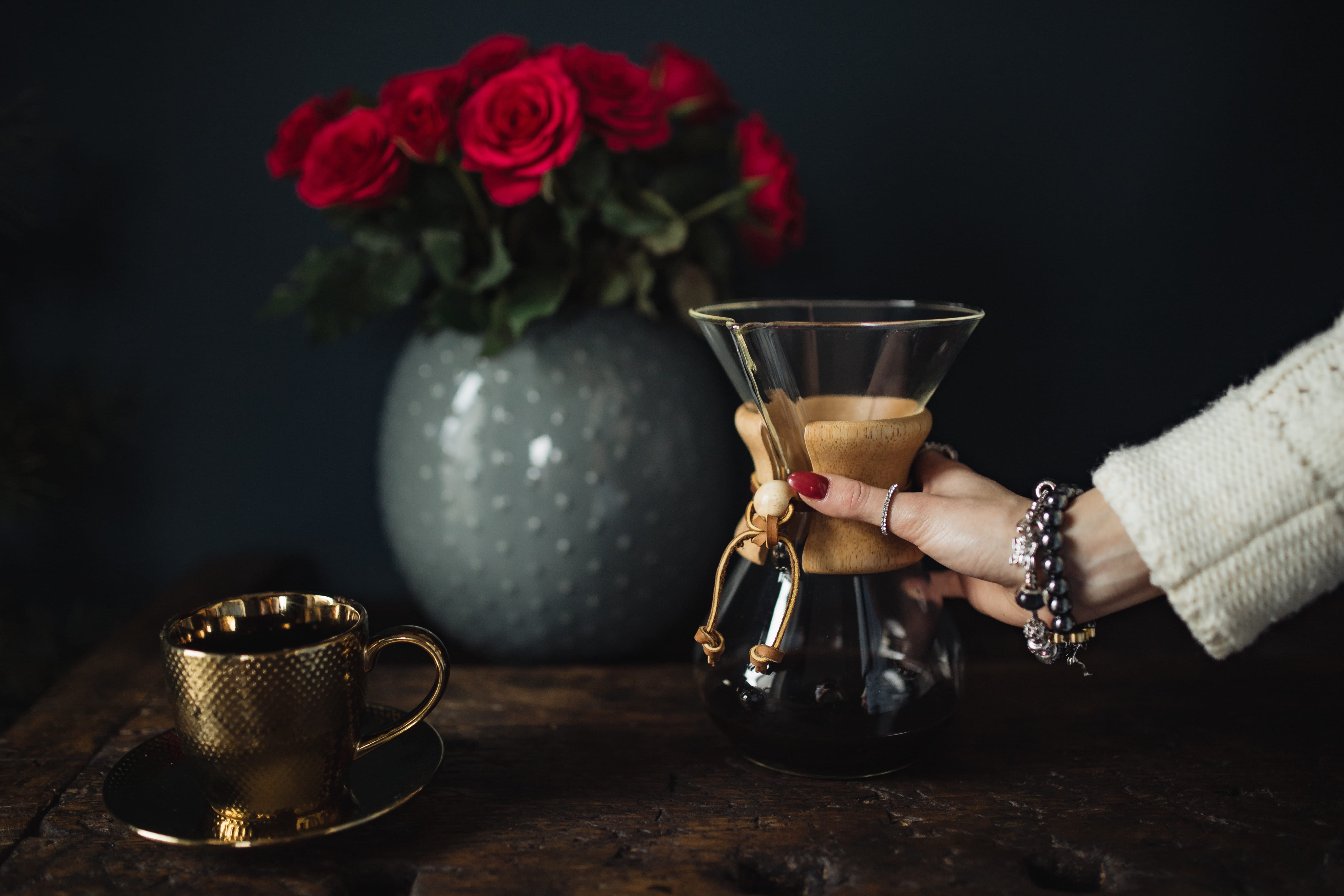 enjoying, coffee, girl, plant, cup, brewed, young, flower arrangement, 5K, table, flowering plant, hand, pearl jewelry, one person, adult, female, rose - flower, HD Wallpaper
