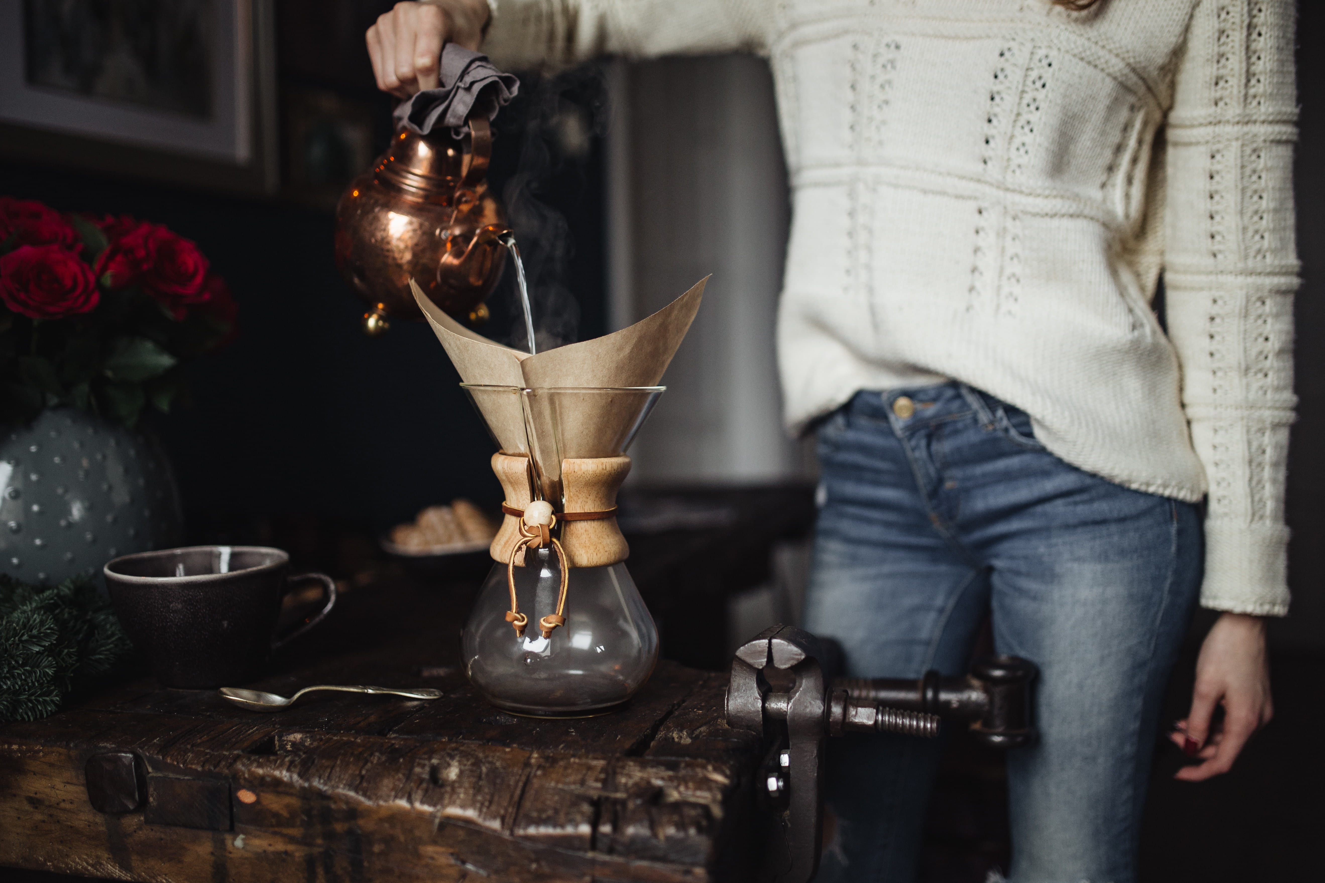 human body part, coffee, chemex, preparation, food and drink, one person, casual clothing, midsection, girl, dog, adult, young, finely, jeans, indoors, HD Wallpaper