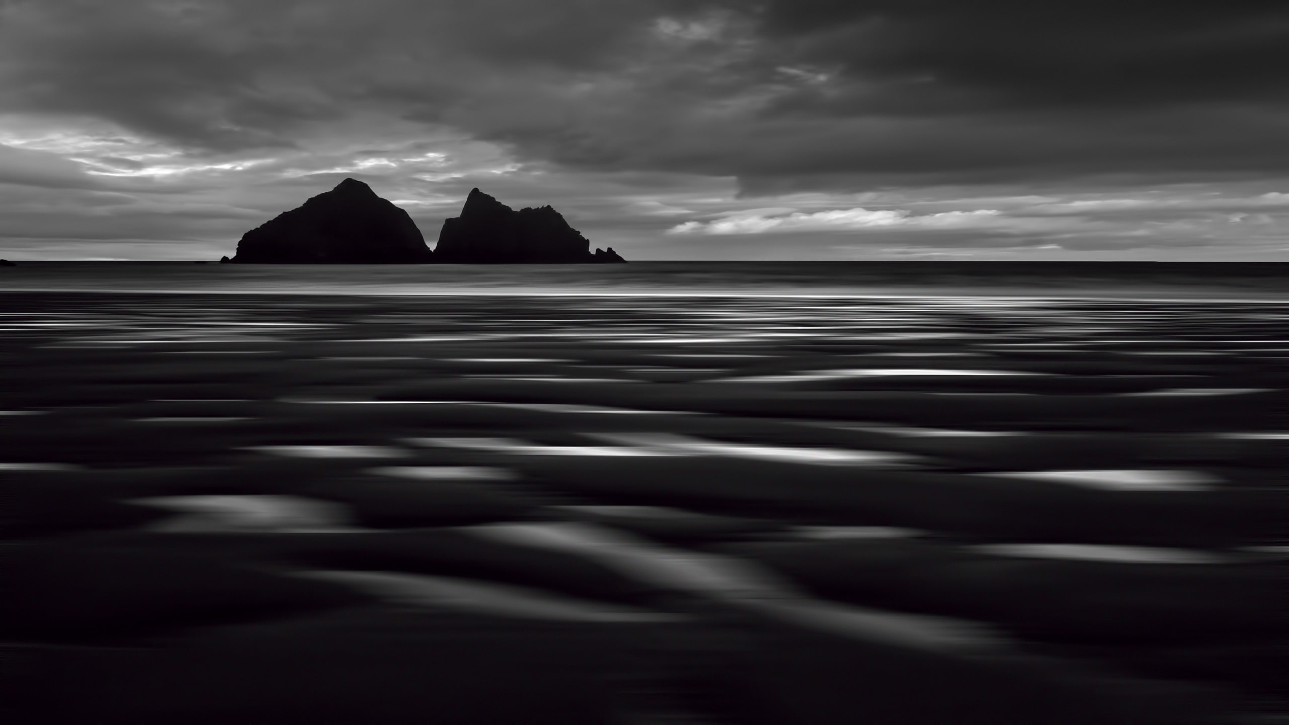 island, surrounded, hd, nature, 2K, painting, bw, grayscale, sea, landscape, HD Wallpaper