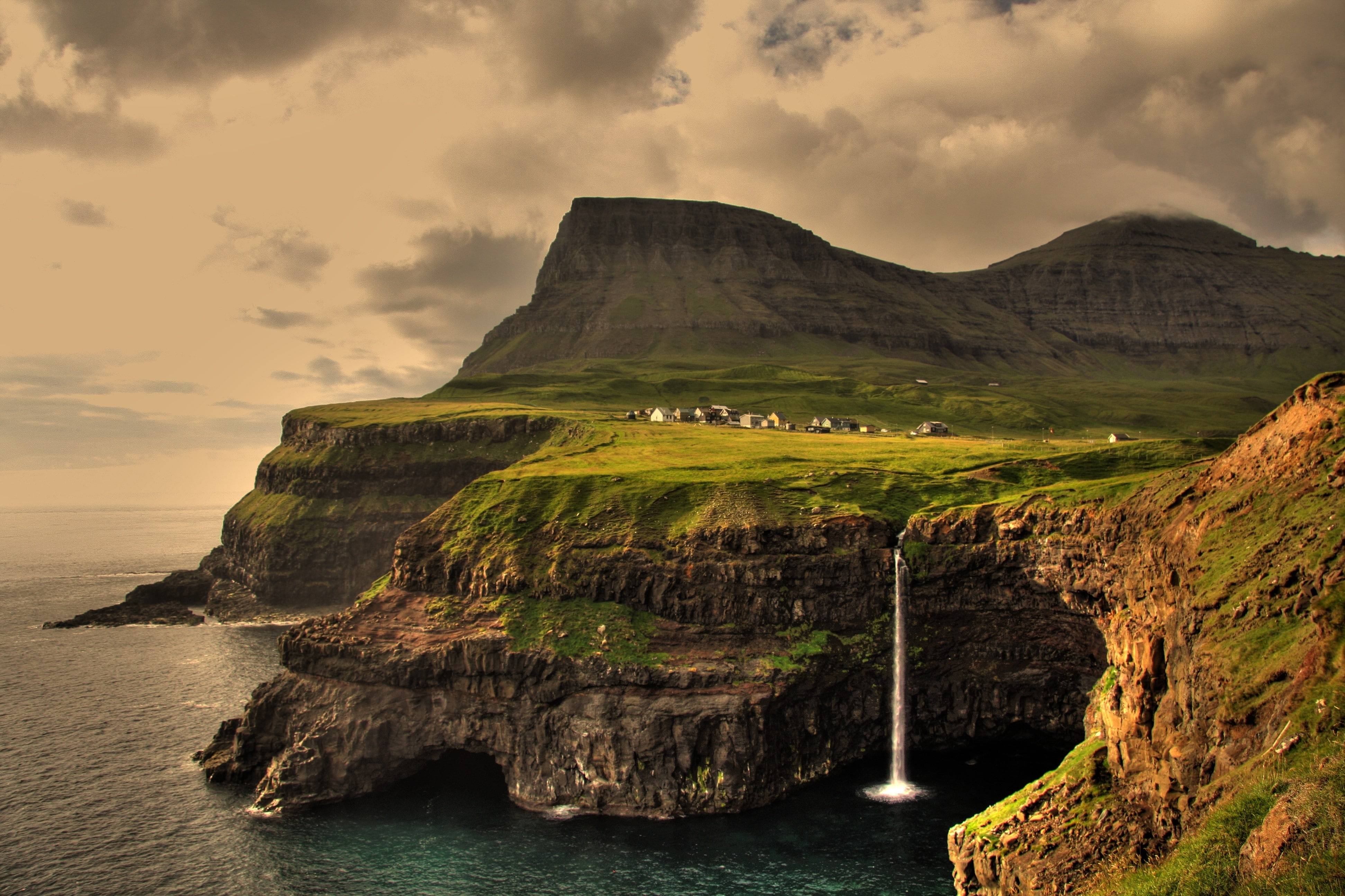 architecture, nature, houses, vagar, hd, faroe, islands, Landscapes, x, 4K, waterfalls, mountains, art, HD Wallpaper