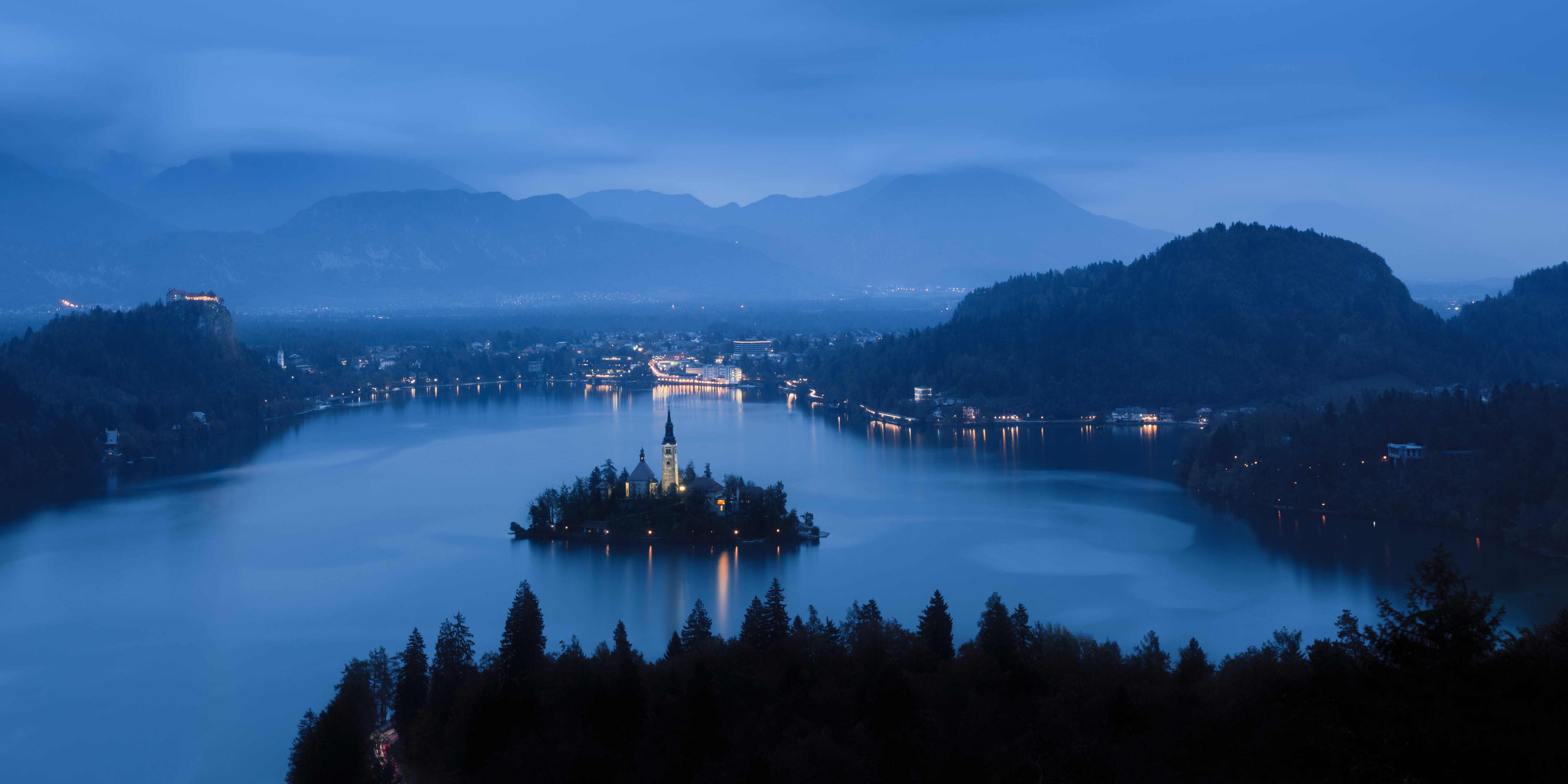 tranquility, architecture, lake, aerial, twilight, environment, castle, cloud - sky, cityscape, no people, 5K, forest, night, town, landscape, photography, HD Wallpaper