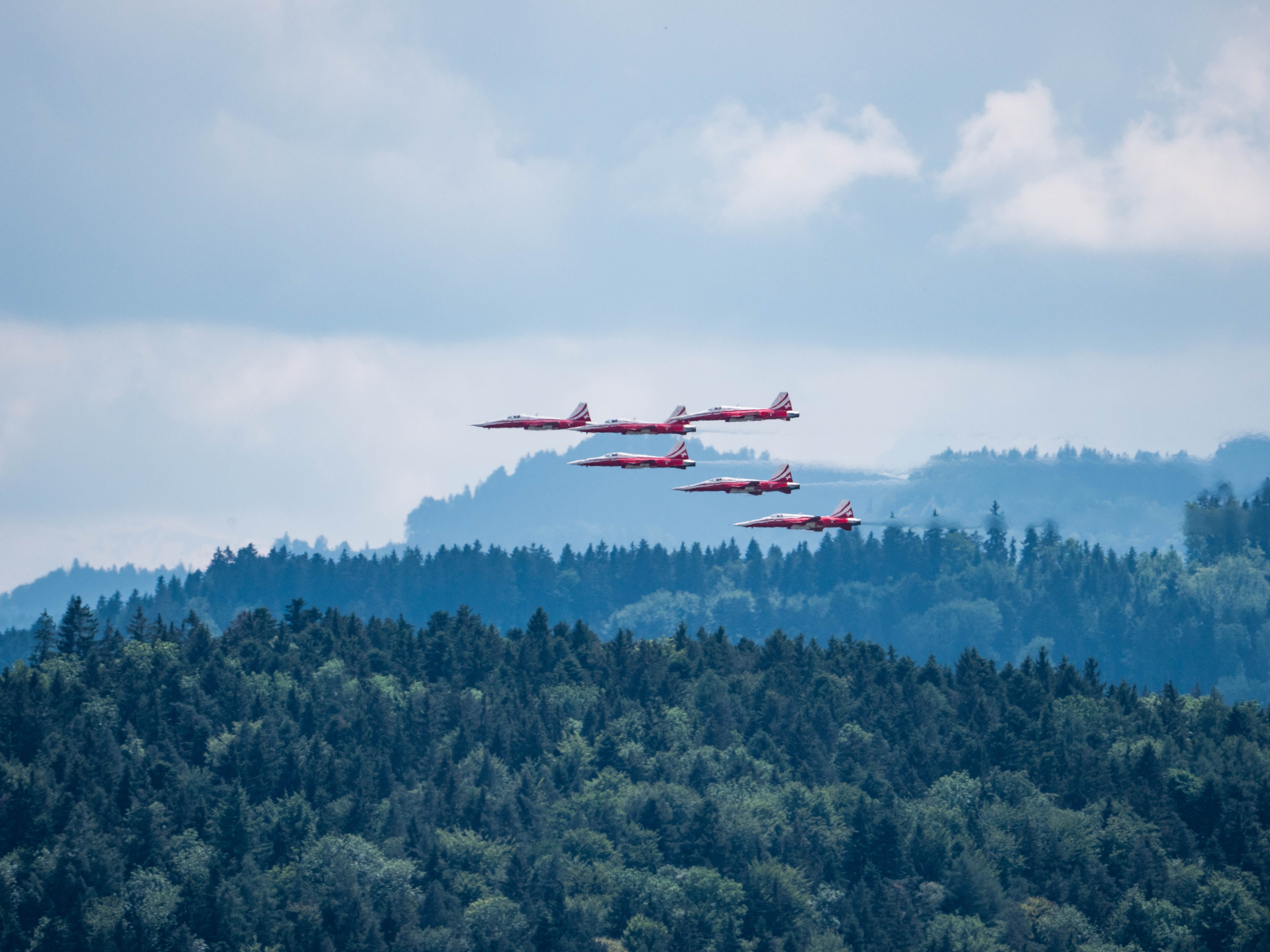 sky, outdoors, suisse, red, patroulliesuisse, tree, fighter plane, mid-air, smoke - physical structure, nature, wood, 5K, flying, patroullie, mountain, HD Wallpaper
