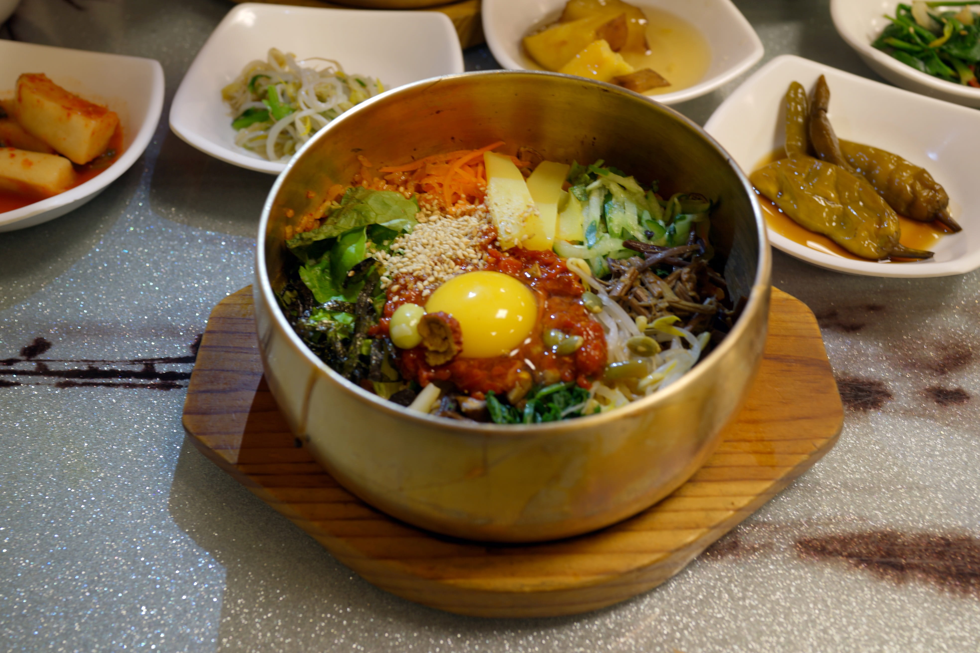 vegetable, high angle view, bibimbap, jeonju, korean food, herbs, 4K, bowl, crockery, still life, soup, eggs, indoors, ready-to-eat, healthy eating, asian food, HD Wallpaper