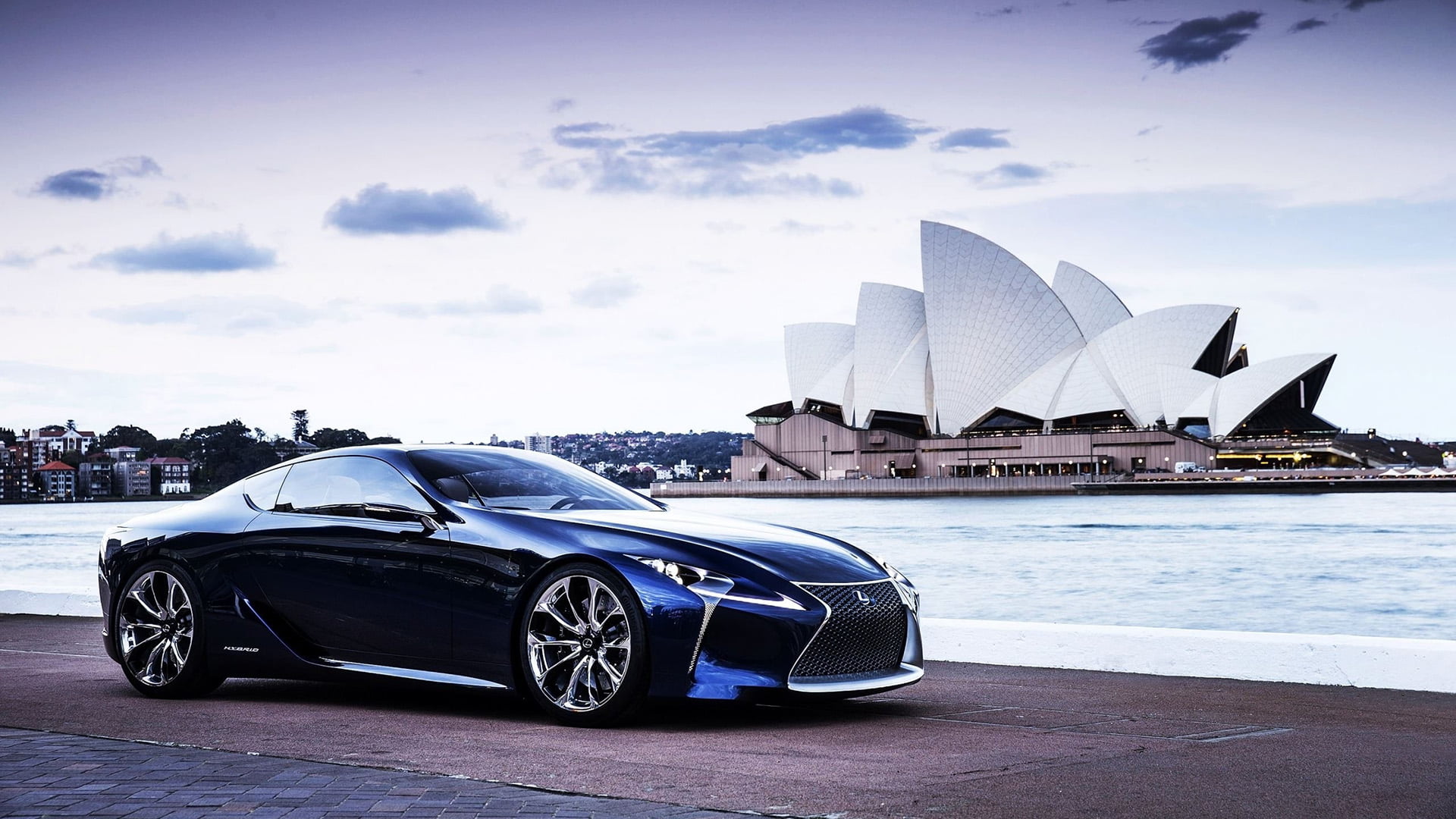 arts culture and entertainment, skyscraper, sports car, city, drive, speed, water, building exterior, white color, built structure, architecture, office building exterior, HD Wallpaper