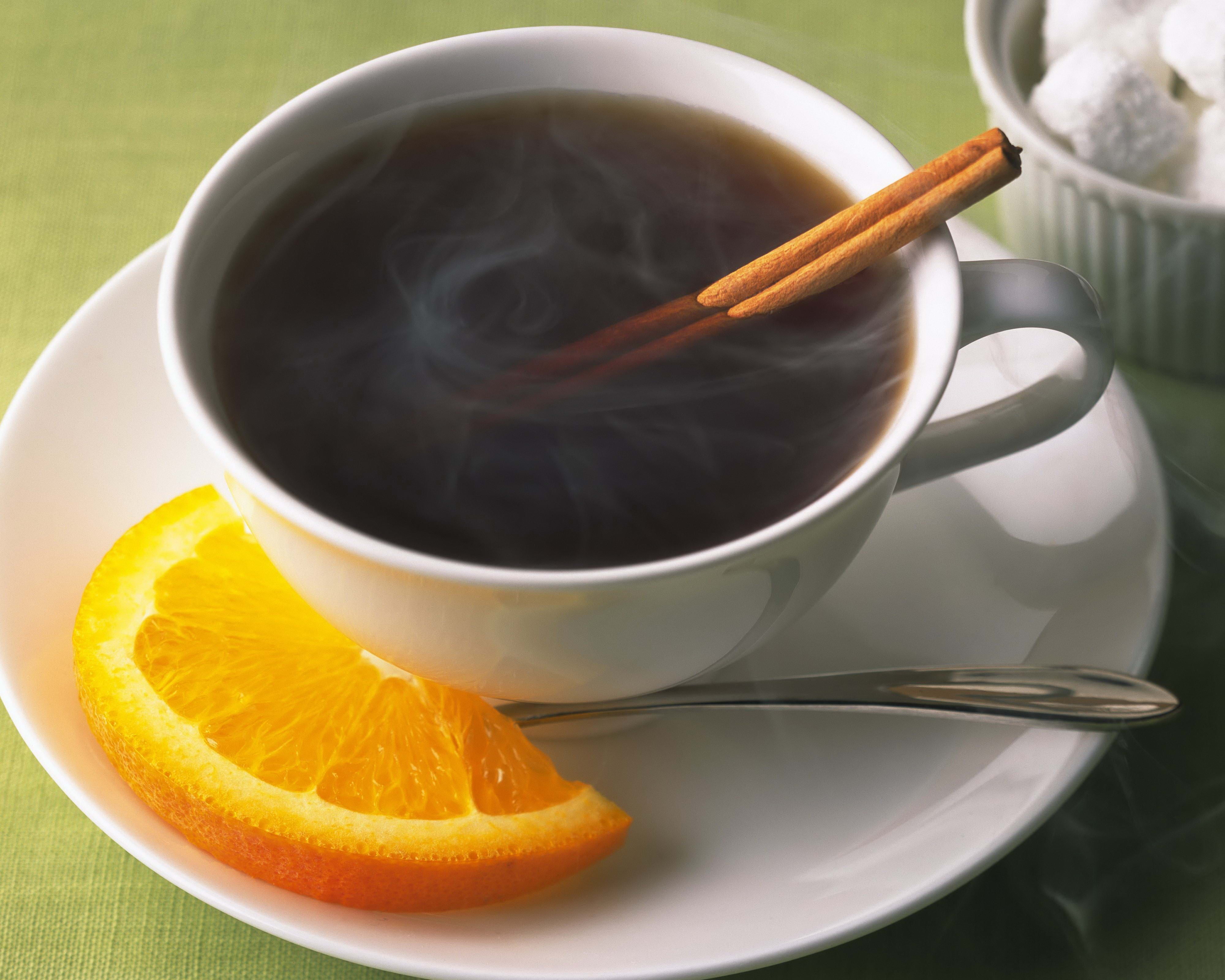 tea Cup, steam, yellow, ceramic, indoors, wellbeing, breakfast, 4K, kitchen utensil, slice, non-alcoholic beverage, mug, white, citrus Fruit, freshness, HD Wallpaper