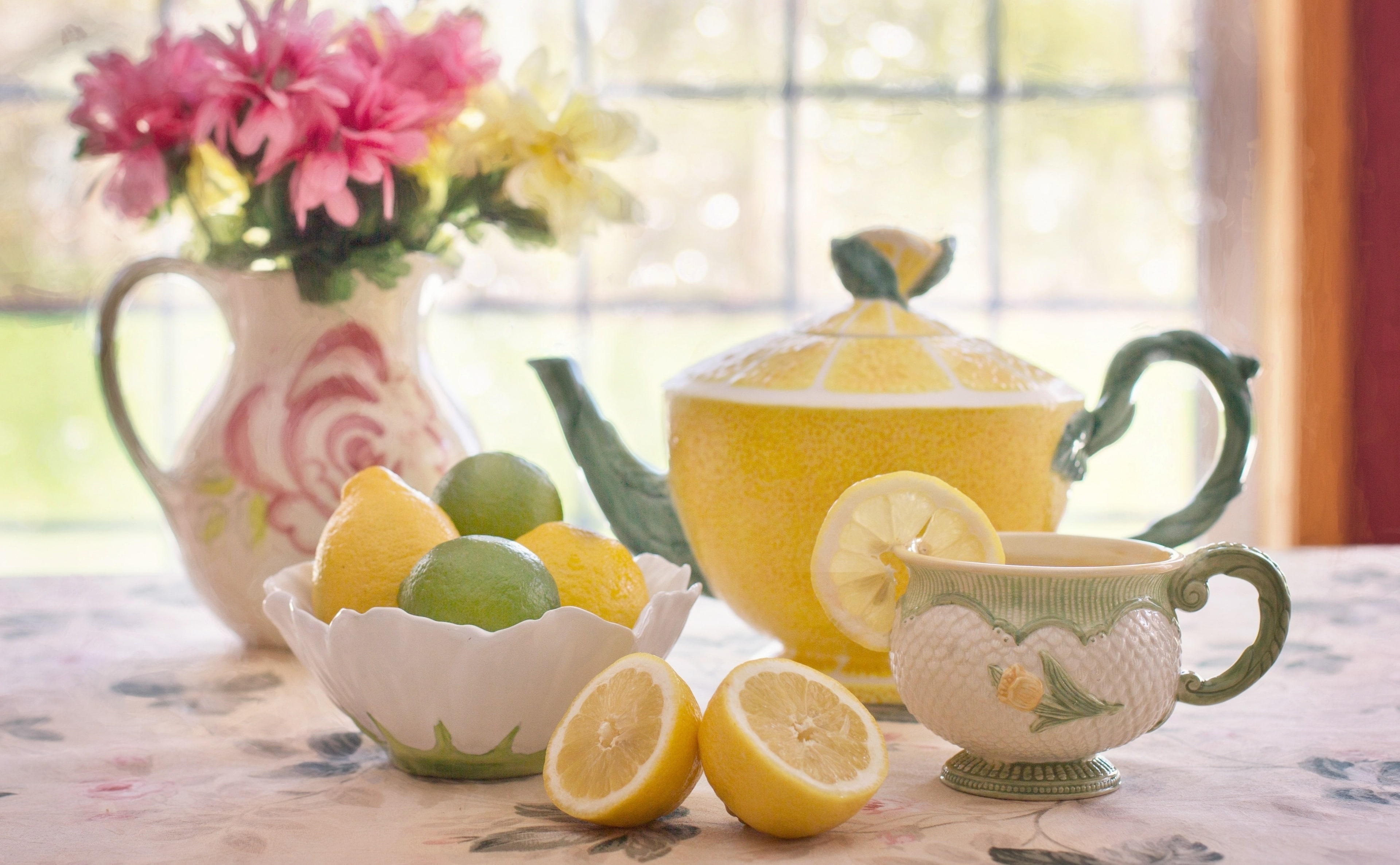 Flowers, citrus fruit, focus on foreground, indoors, Kitchen, teapot, fuits, Window, cup, healthy eating, crockery, Cute, food and drink, tea cup, teawithlemon, HD Wallpaper