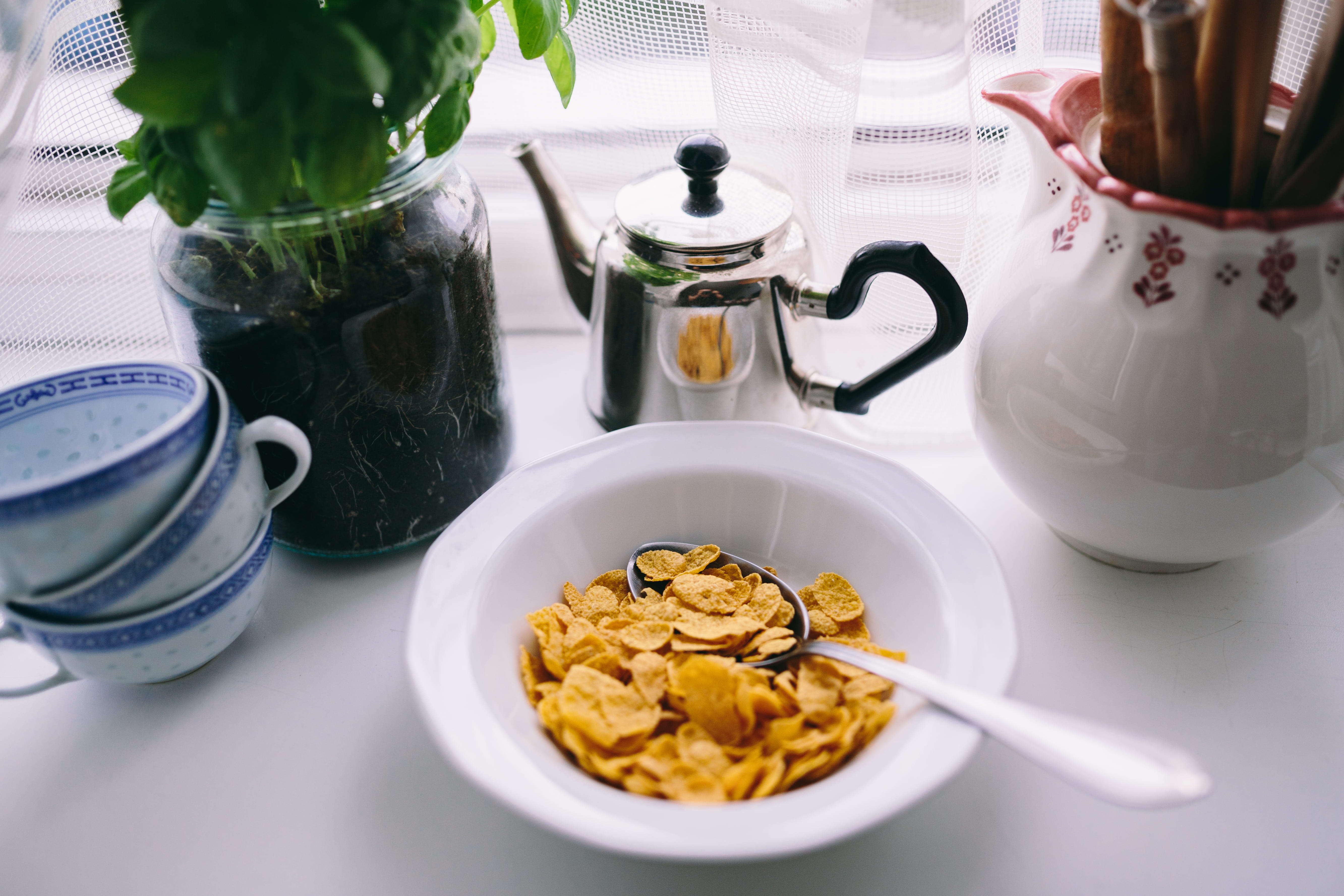 food And Drink, refreshment, jam, freshness, cup, breakfast cereals, spoon, mug, tea cup, breakfast, meal, plate, teapot, 5K, no people, preparing food, HD Wallpaper