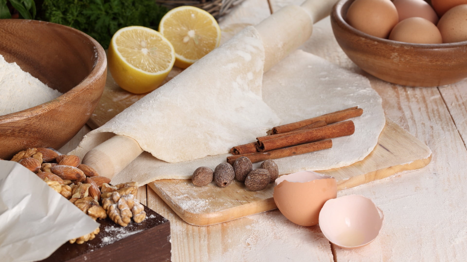 flour, egg, wellbeing, batter, raw Food, kitchen Utensil, indoors, brown, rolling Pin, freshness, eggs, baking, homemade, food And Drink, citrus fruit, HD Wallpaper