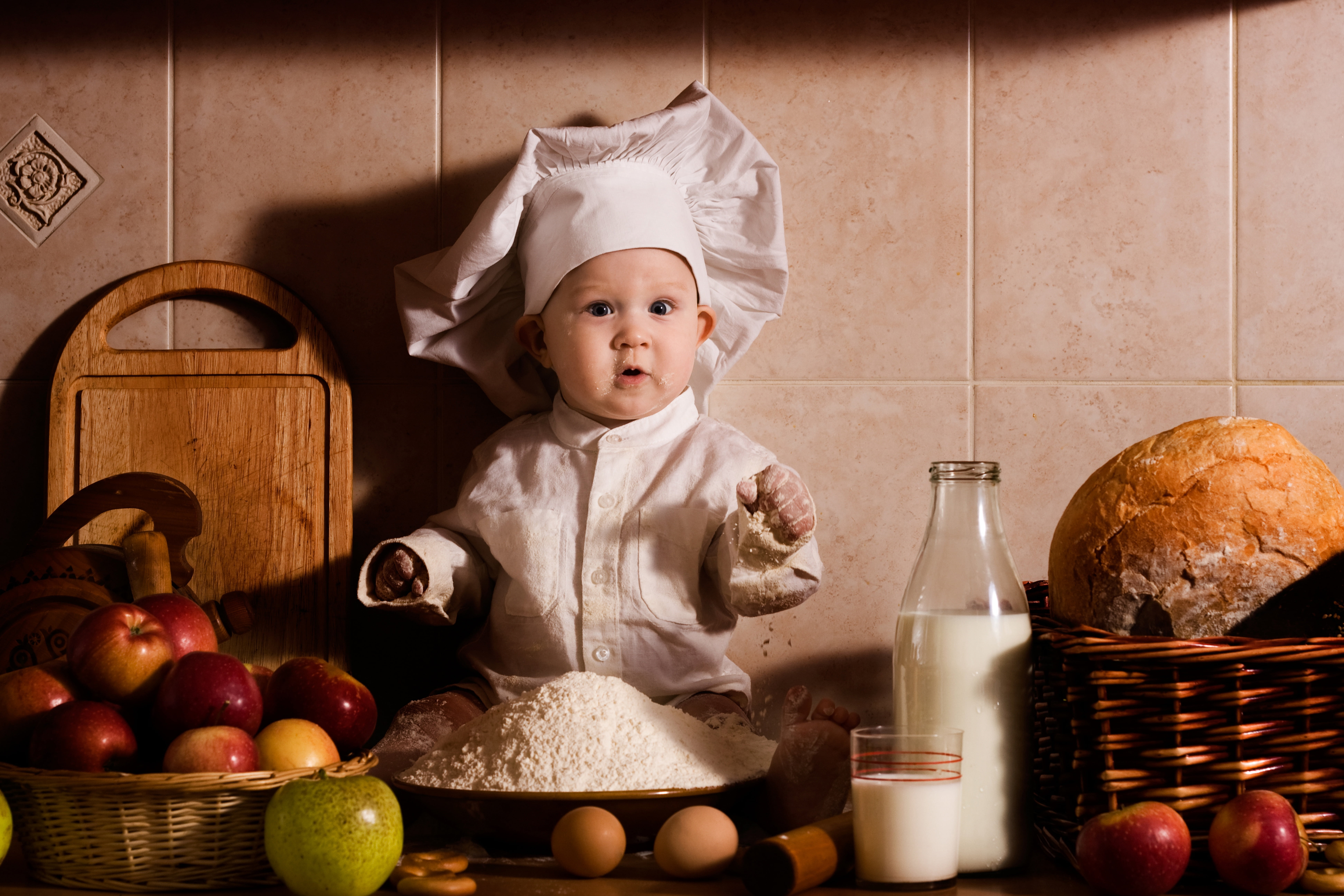 milk, glass, eggs, domestic room, one person, bread, childhood, flour, child, food, healthy eating, fruit, baskets, bottle, innocence, 8K, front view, HD Wallpaper