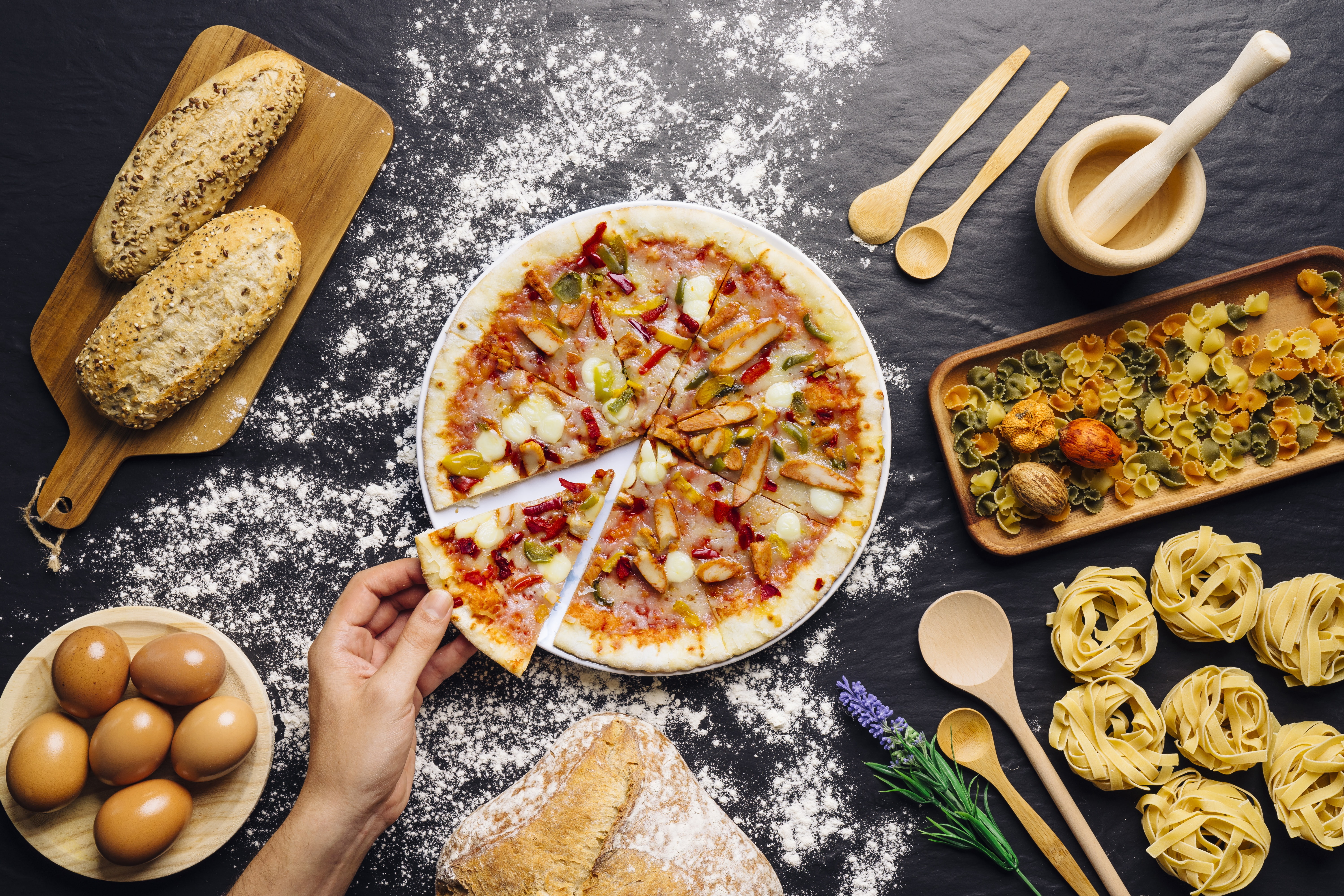 bread, pasta, pizza, 5K, flour, eggs, HD Wallpaper