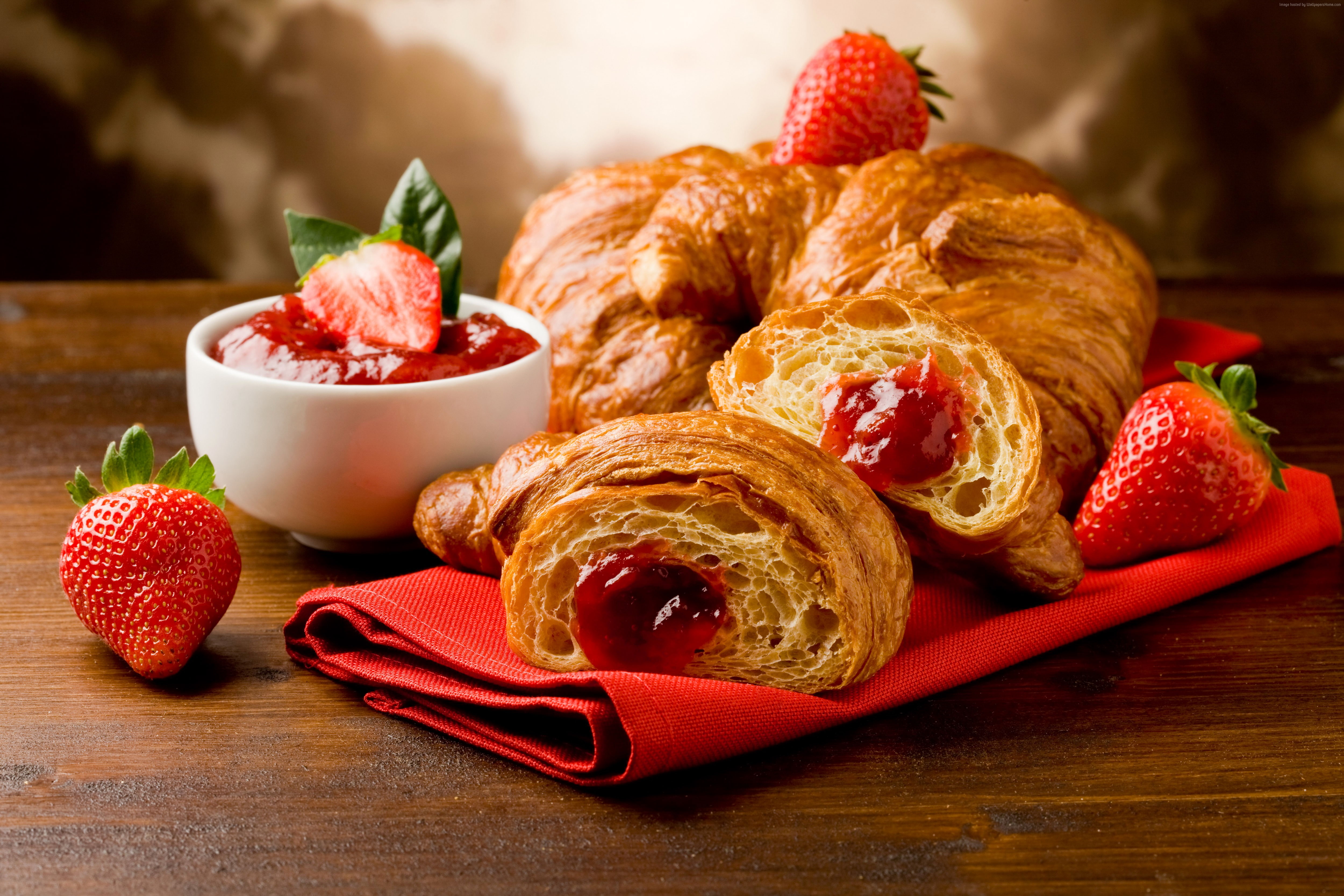 strawberry jam, fruit, French croissants, 4K, HD Wallpaper