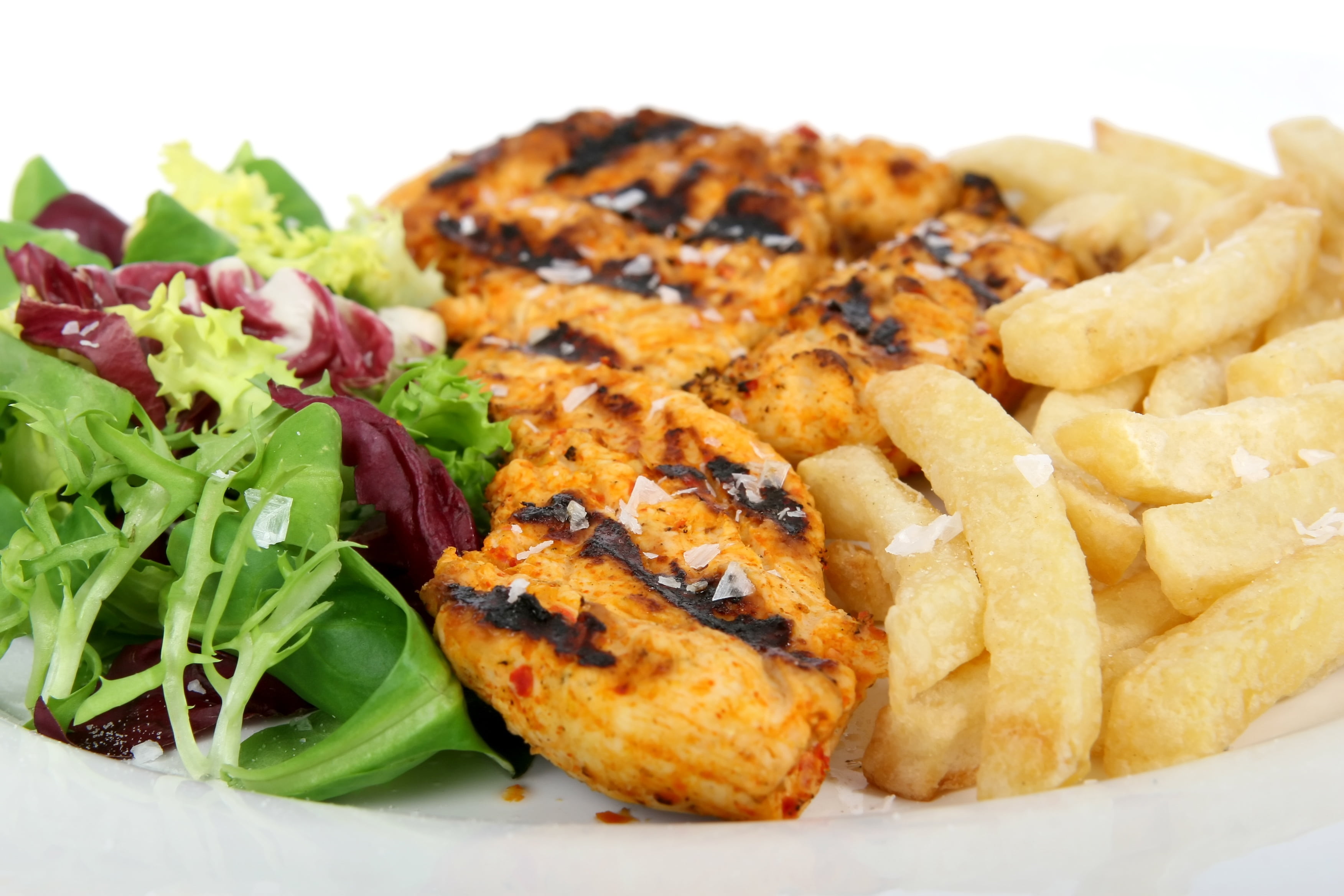spicy, food, salad, french Fries, hungry, colorful, simple, meat, indoors, white meat, cooking, studio shot, catering, herbs, french, chicken, plate, healthy eating, HD Wallpaper
