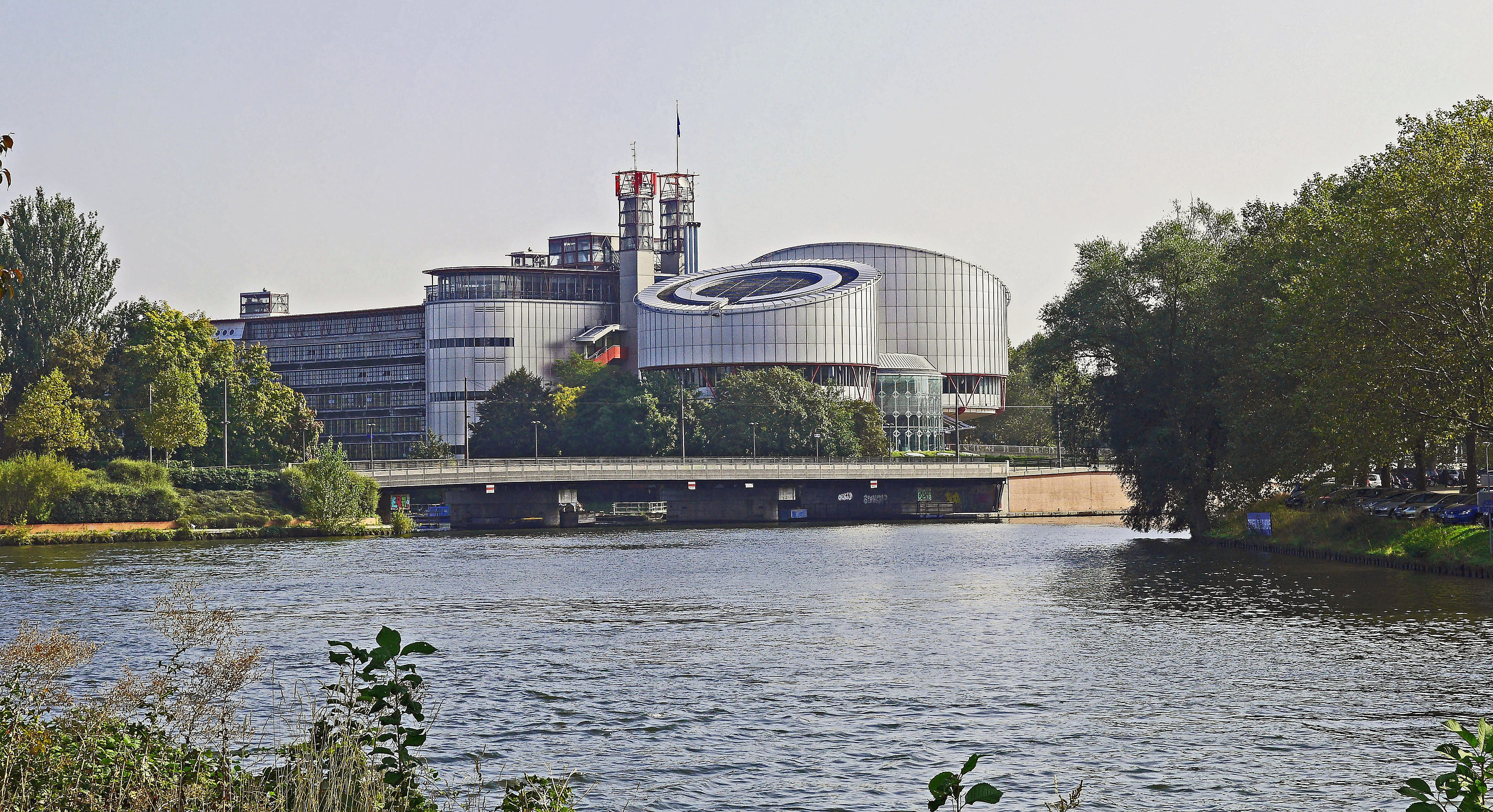 european city, ill, modern, clear sky, city, day, for human rights, outdoors, river bridge, plant, european court of justice, building, river, architecture, HD Wallpaper